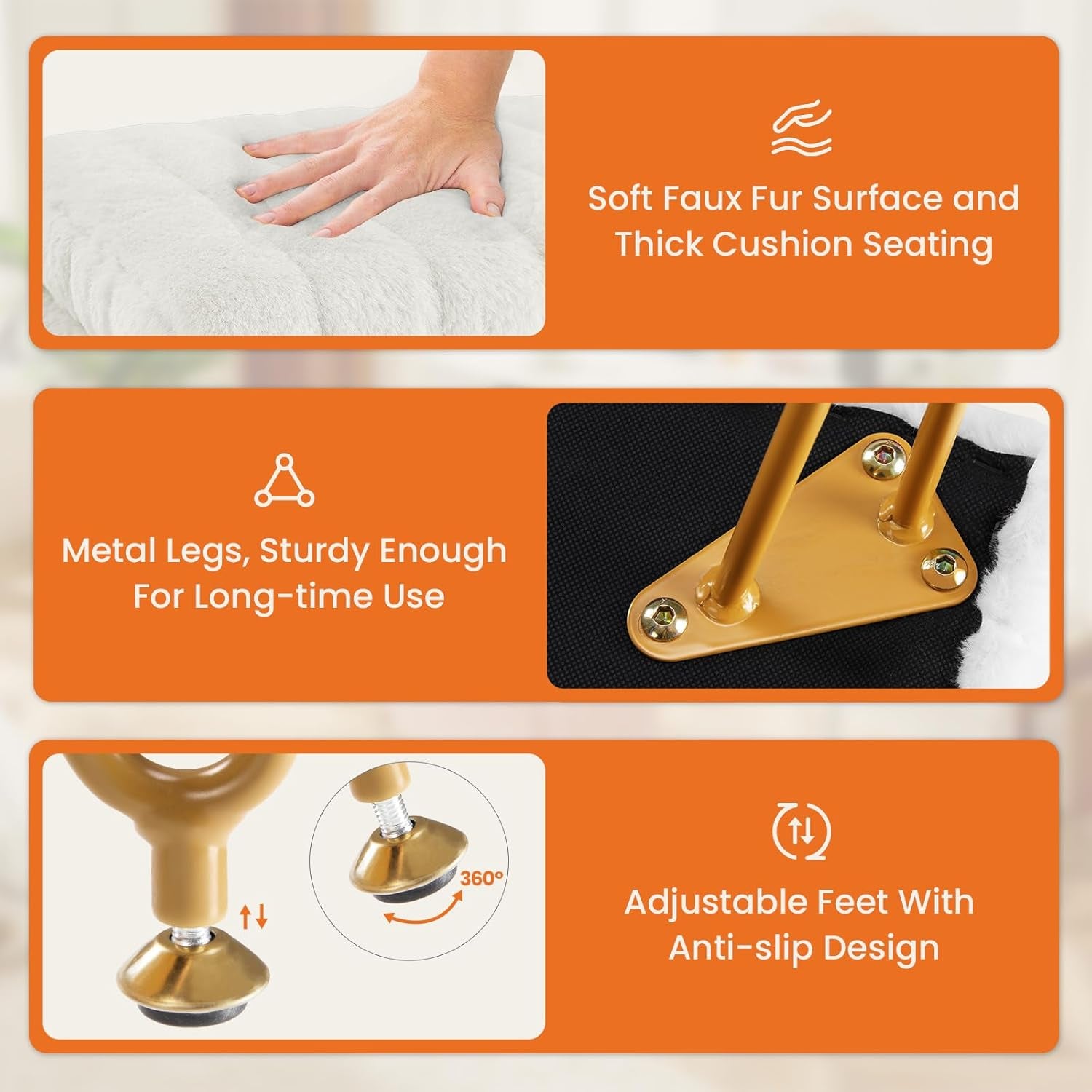 Three close-up shots showing the plush faux-fur top, metal leg mounting plate, and adjustable anti-slip foot.