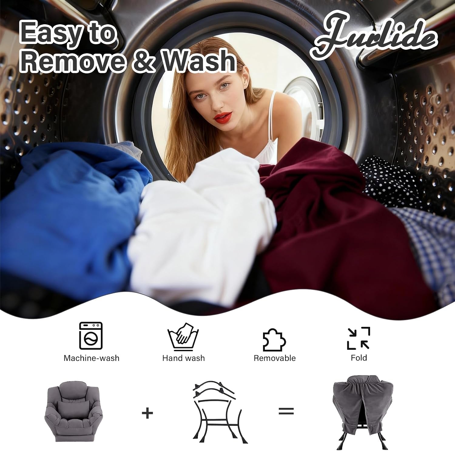 View through a washing machine with clothing, icons below showing machine wash, hand wash, removable cover and foldable