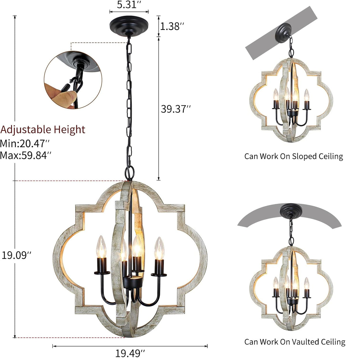 Annotated product diagram with dimensions showing 19.49" width and 19.09" height for 4-light variant
