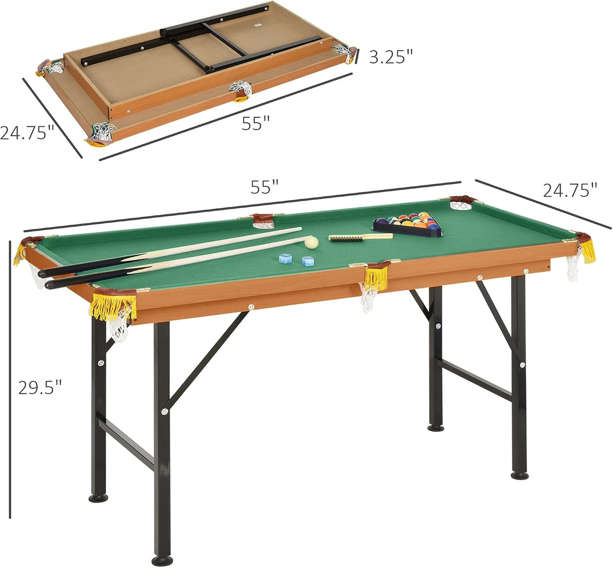 Folded and assembled pool table shown from angles with measurement lines and accessories on the green felt surface.