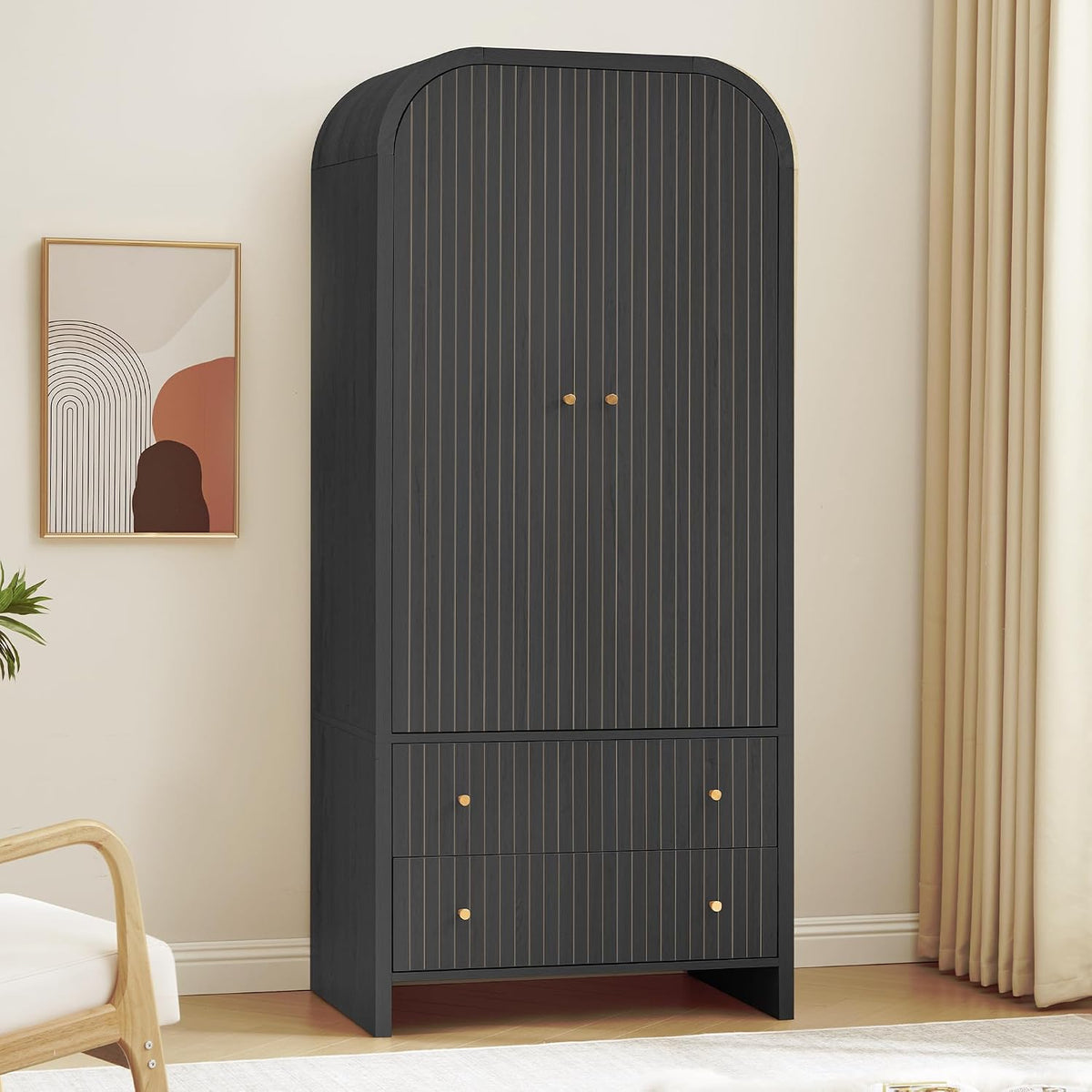 LEVNARY Arched Armoire Wardrobe Closet, Mid-Century Modern 2-Door Freestanding Wardrobe with Hanging Rod and, gallery view 8