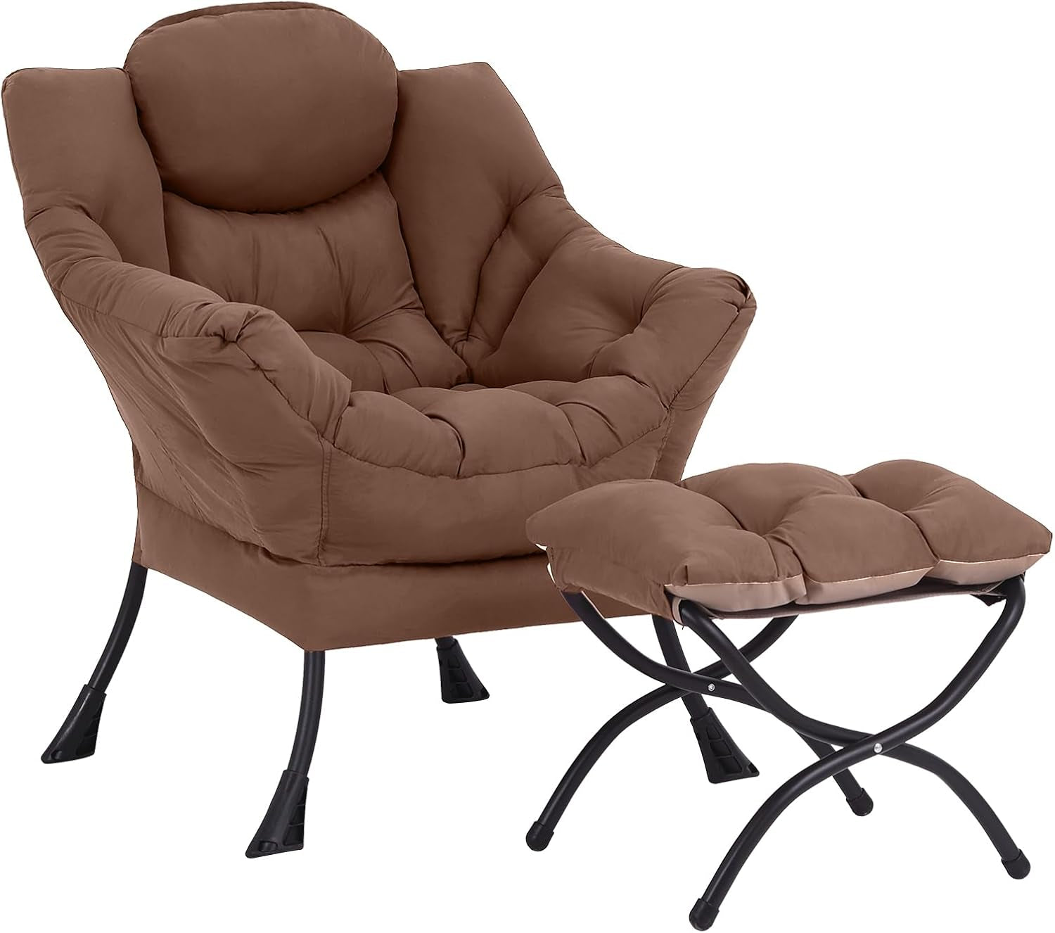 Brown padded lounge chair with matching cushioned foldable ottoman shown angled
