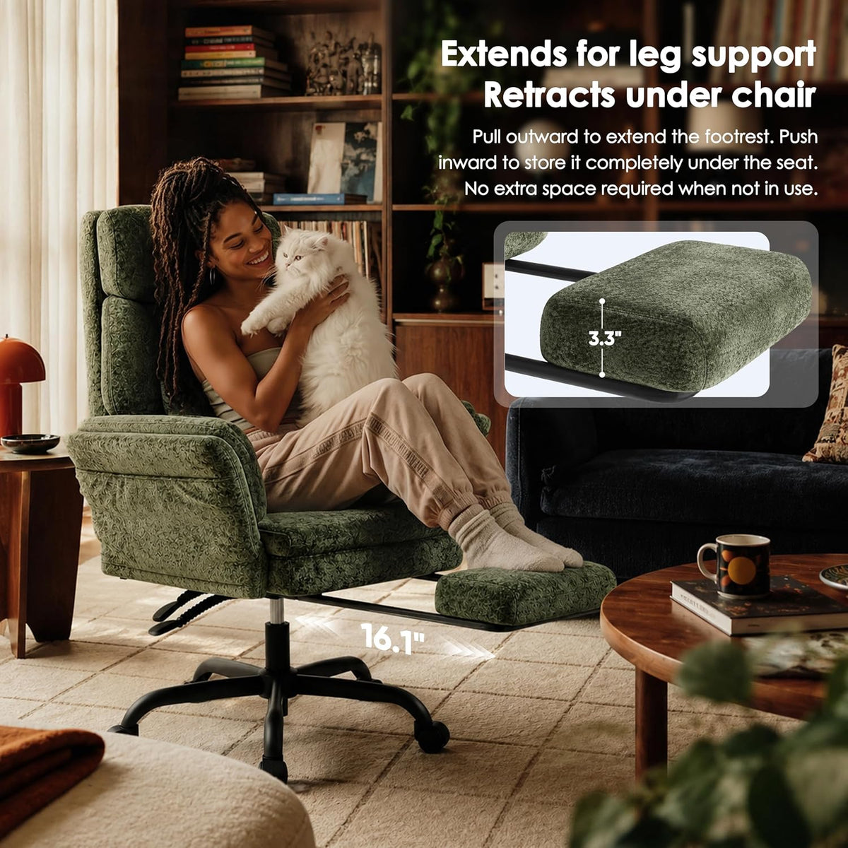 Moss green velour recliner with footrest extended and a woman holding a cat in a cozy living room setting
