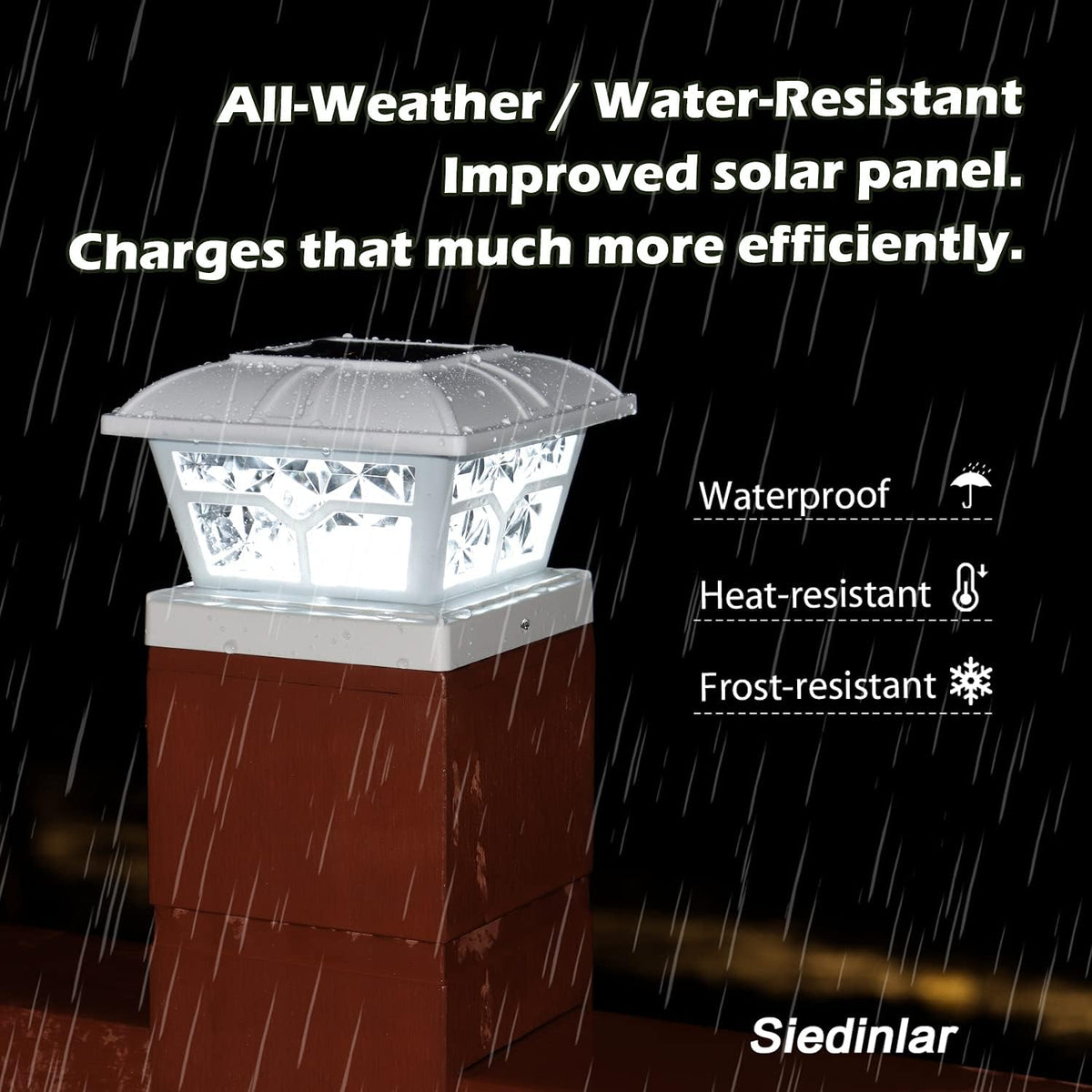 A white post cap light glows on a brown post as rain falls around it.