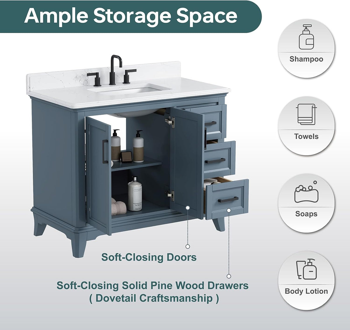 Steel blue vanity with open doors revealing interior shelf space and three right-side drawers
