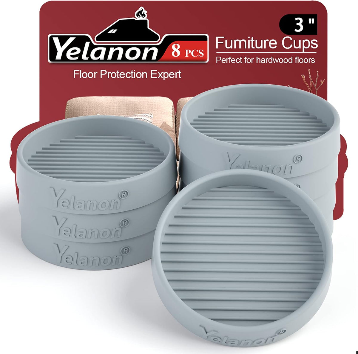 Stack of light gray round furniture pads with one angled forward to reveal ribbed bottom, shown against red package card.