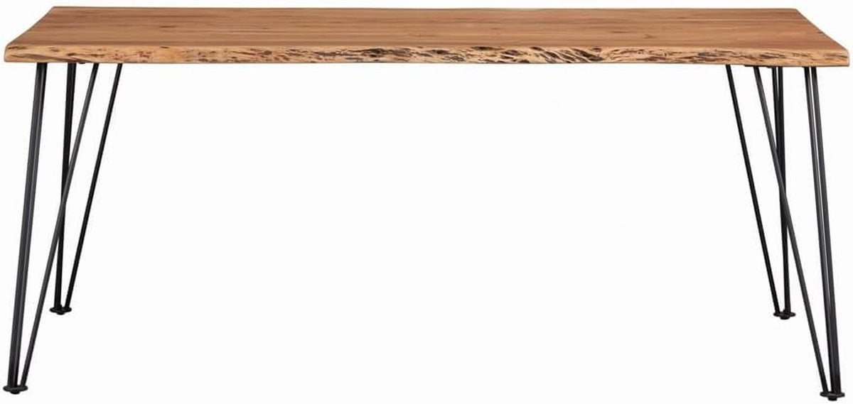 Front-facing view of live-edge acacia top spanning hairpin metal legs against white background
