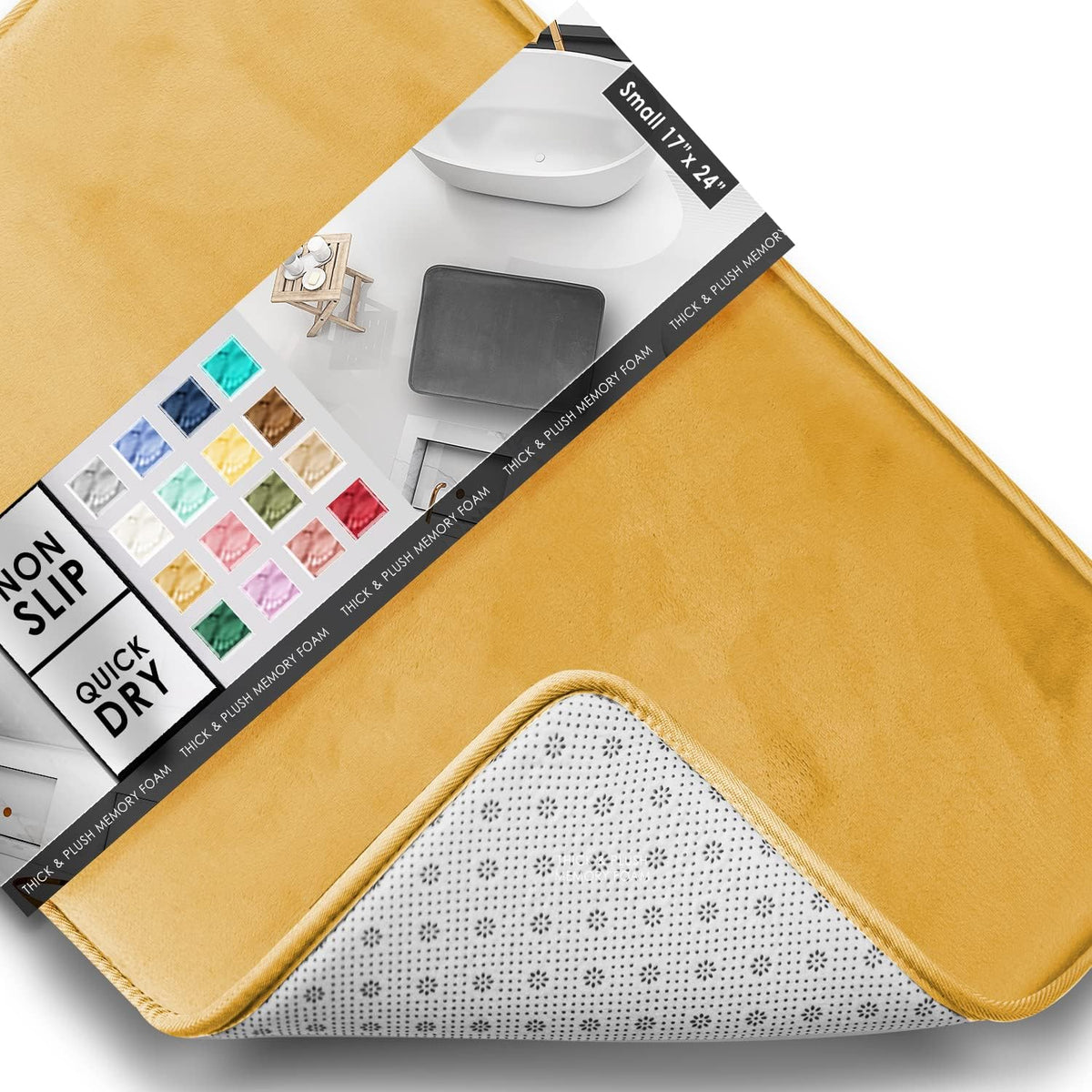 Close-up of a golden-yellow bath mat corner showing soft pile and patterned non-slip underside.