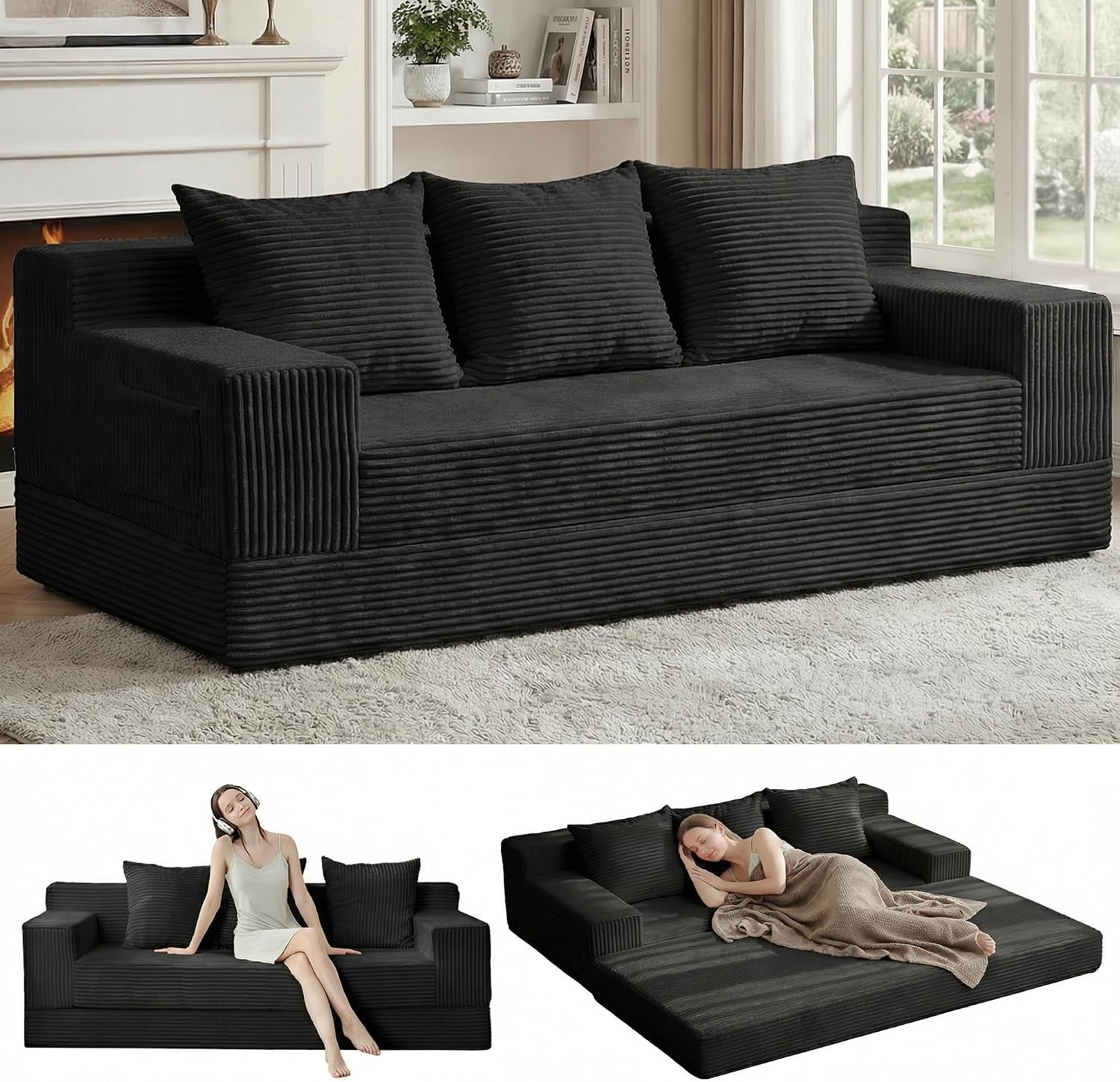 Black corduroy 3-seat folding sofa angled front view with three matching pillows