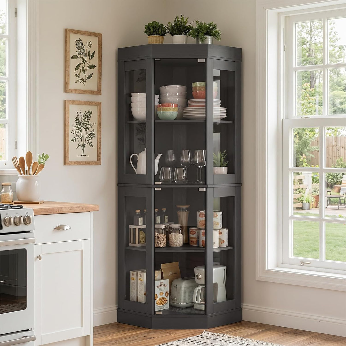 Same tall corner cabinet shown in a dark charcoal finish with dishes and pantry items inside.