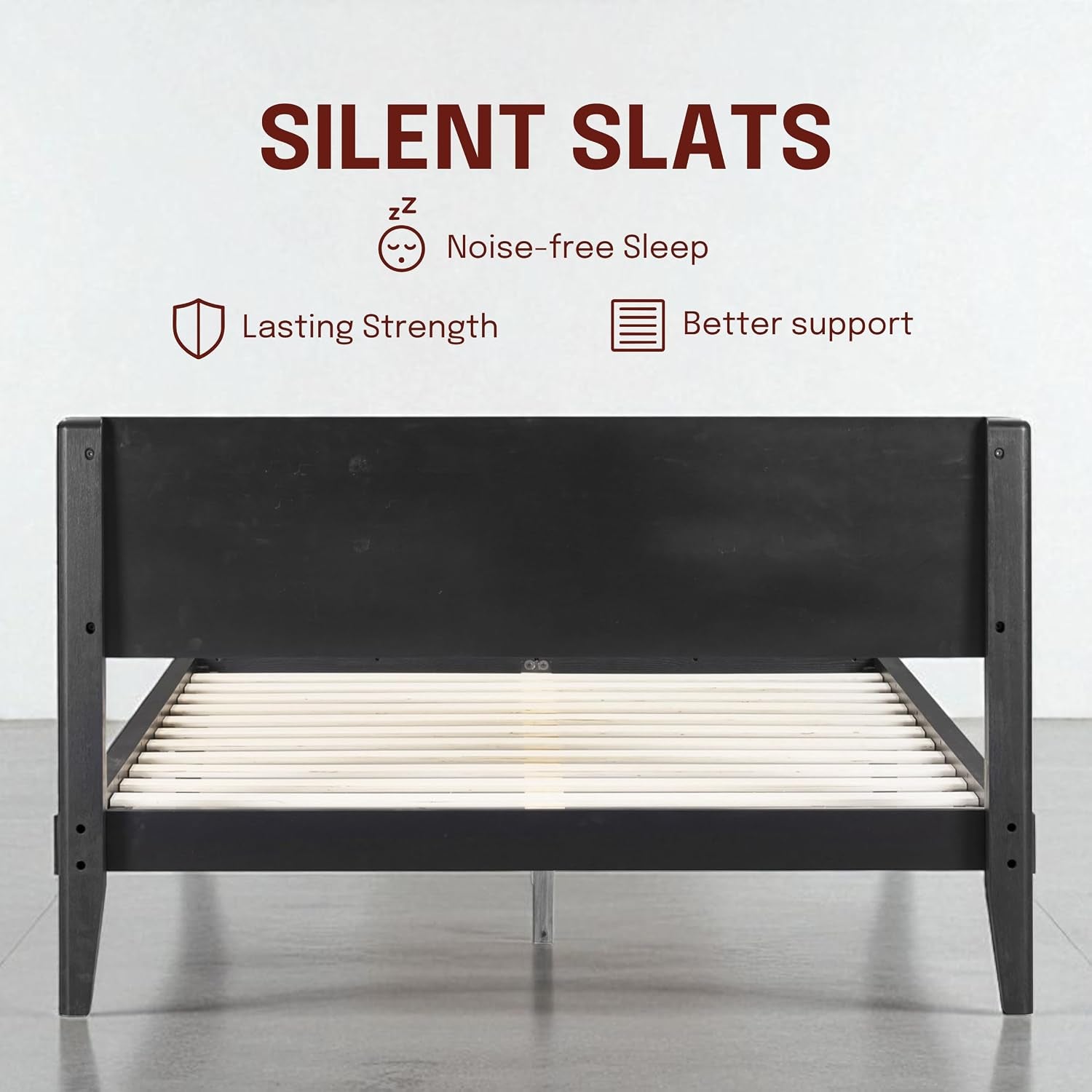Rear view of the bed frame displaying the tensioned wooden slats and the headboard back panel.
