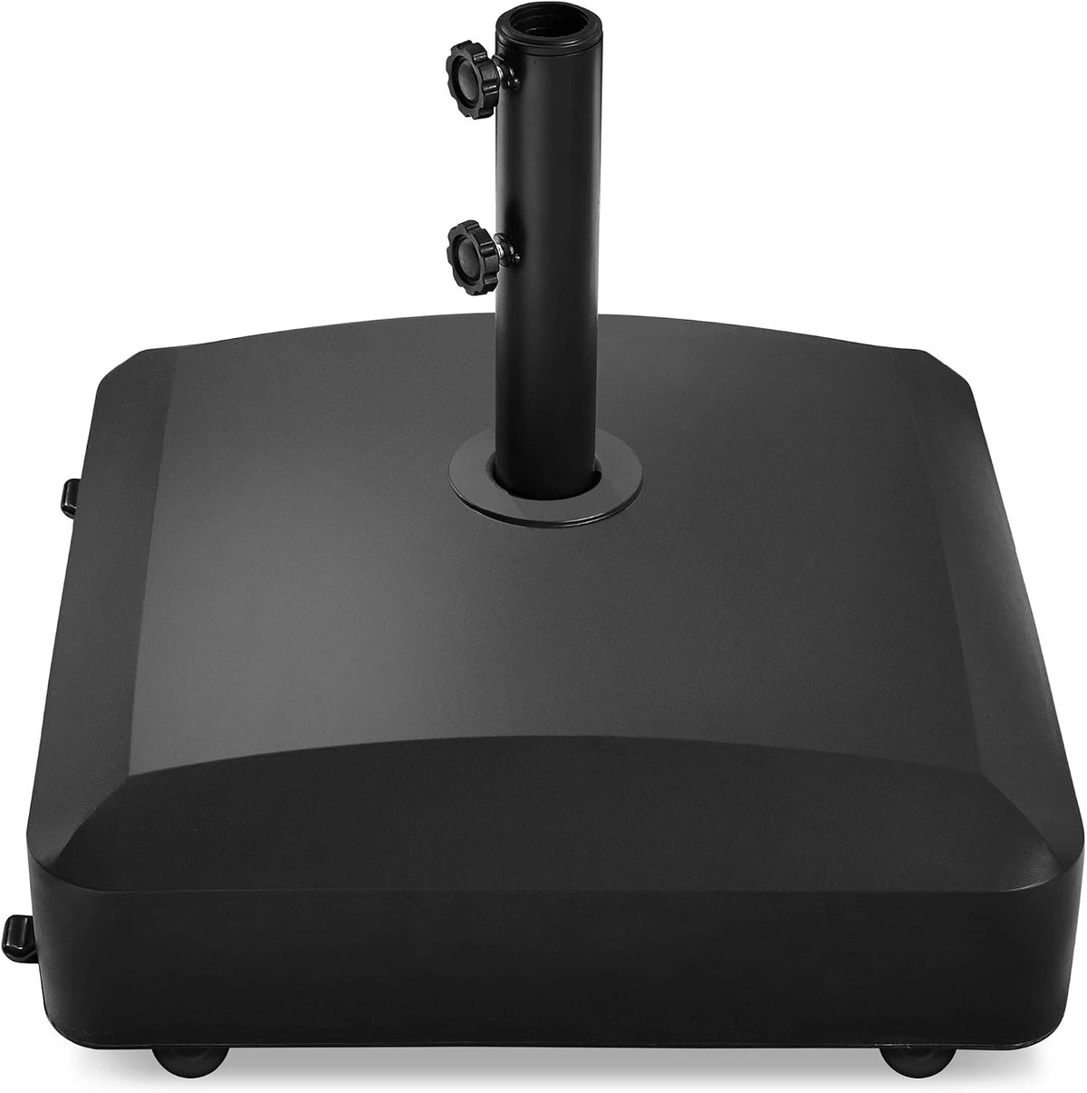 Close top view of black square umbrella base showing pole receiver and two tightening knobs