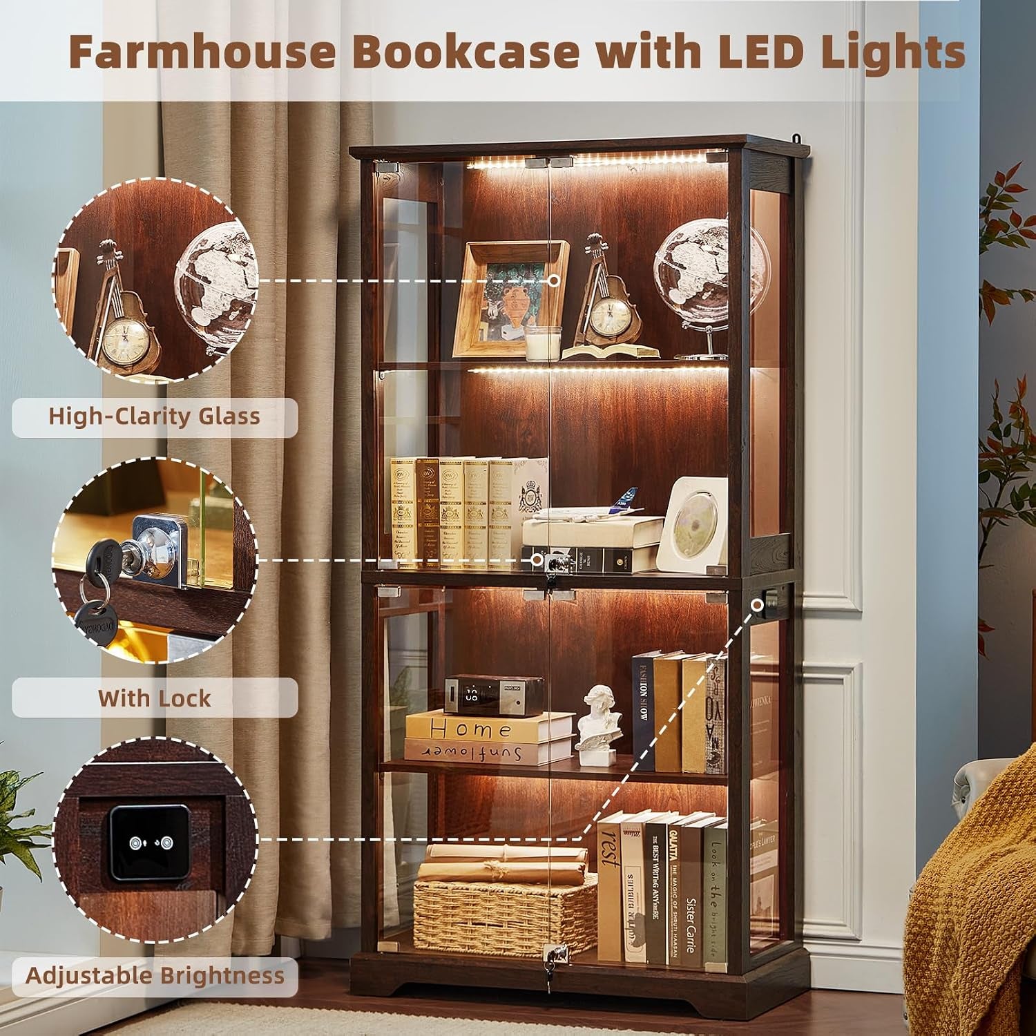 LED-lit farmhouse display cabinet shown with books and decor and callouts highlighting glass, lock, and dimmable lights