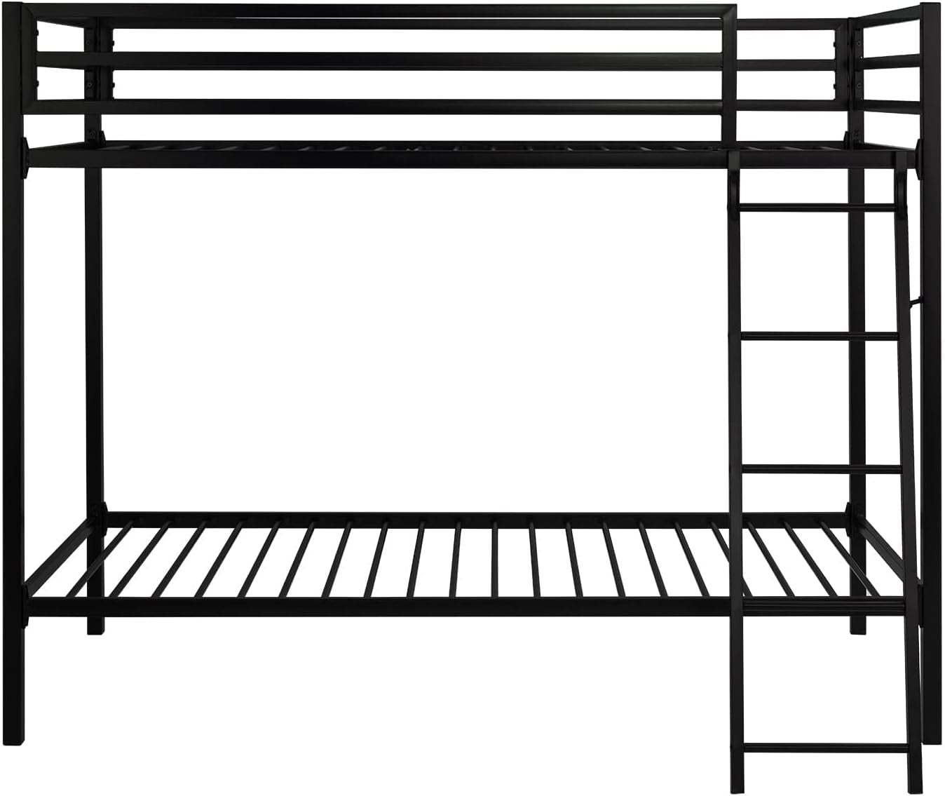 Straight-on front view of a black metal twin-over-twin bunk frame with ladder on the right and metal slats visible