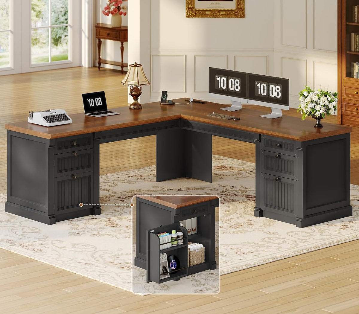 L-shaped desk with dark painted bases and warm wood top shown in a bright room, inset close-up of side storage.