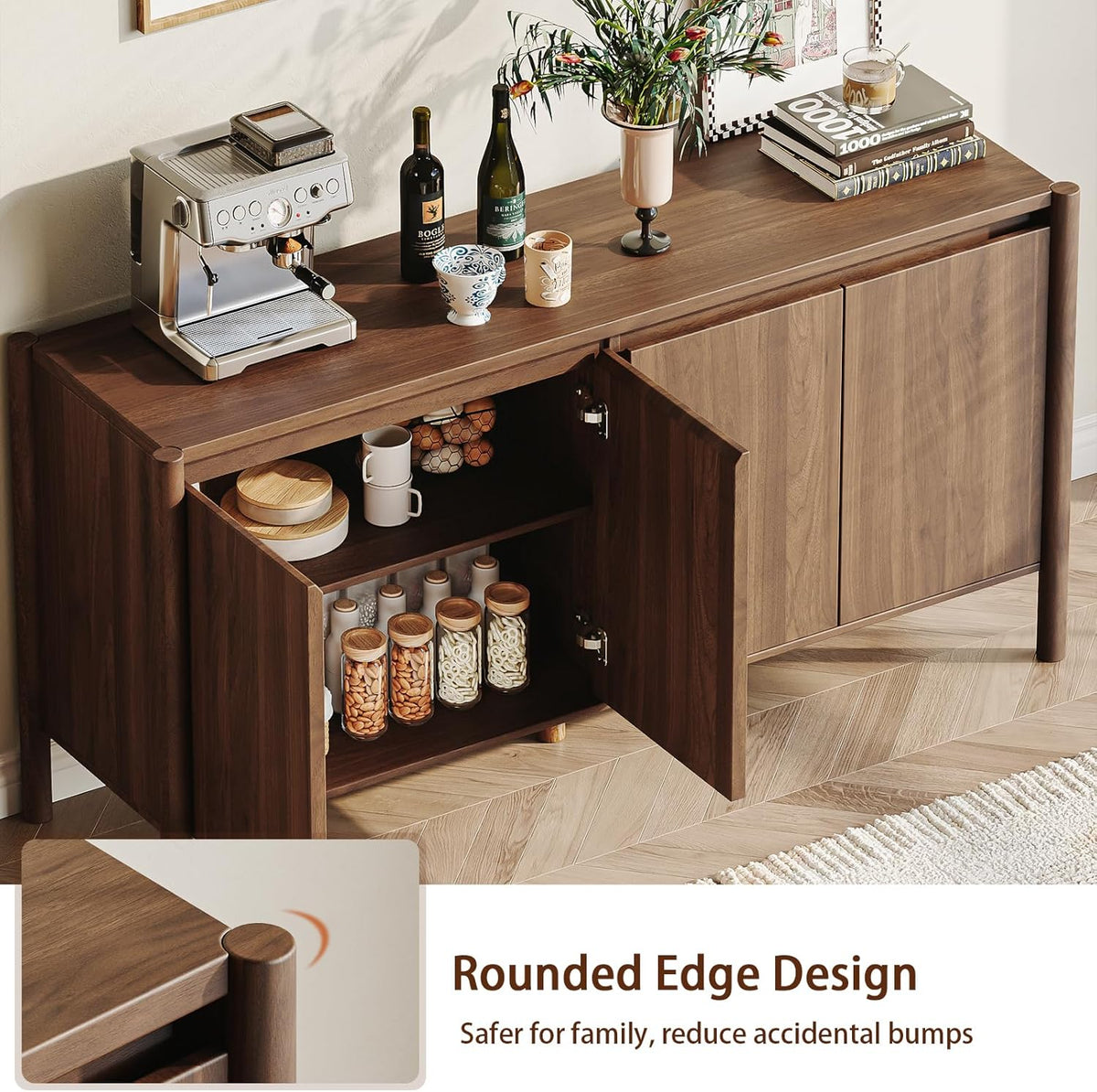 Walnut buffet with doors open revealing two adjustable shelves stocked with jars and dishes