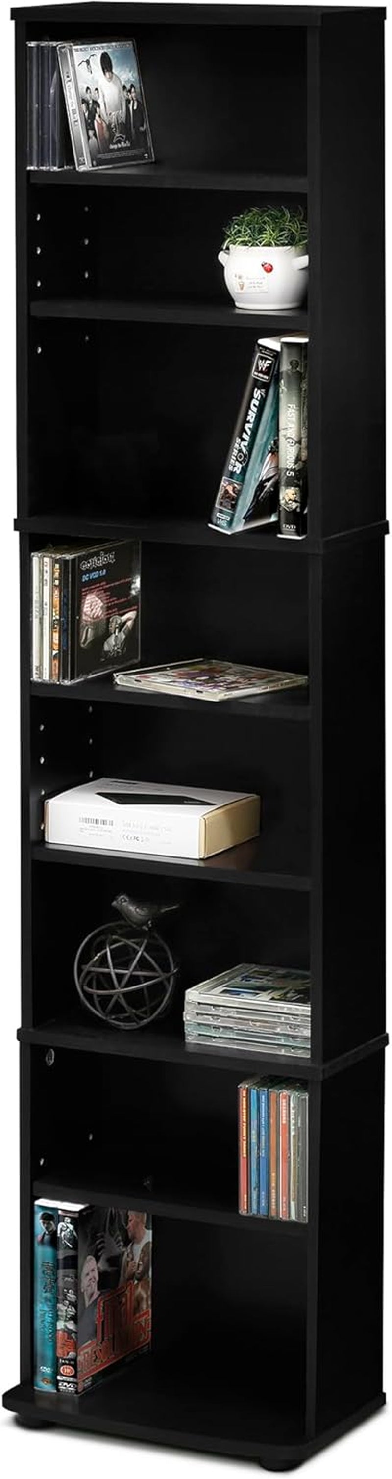 Tall black slim 8-shelf tower shown front-on with mixed media and decor on shelves.