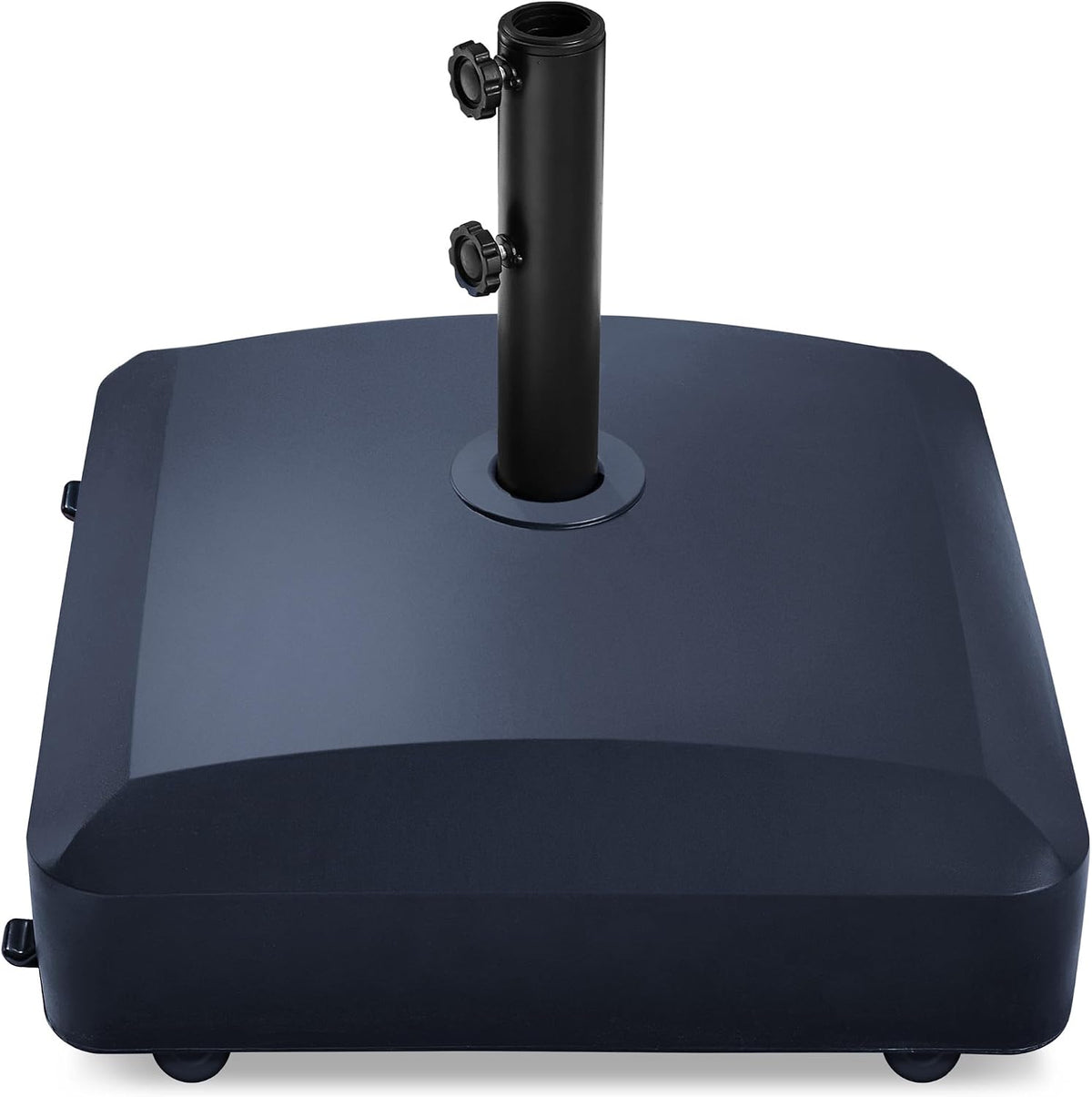 Close overhead view of a navy umbrella base showing the pole collar and smooth top surface.