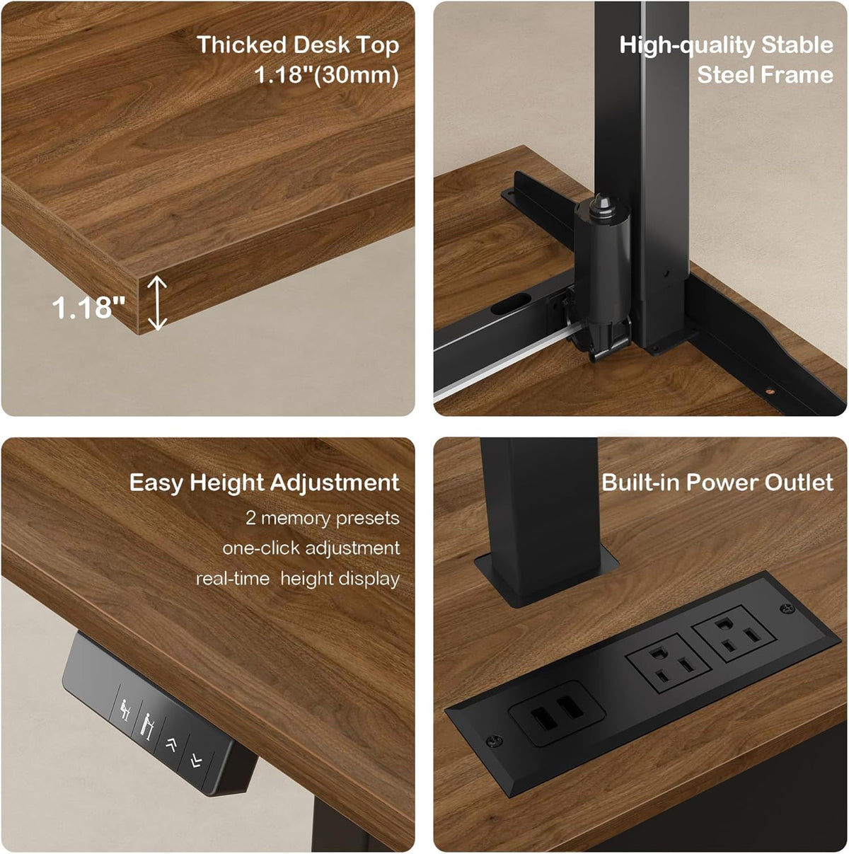 Close-up collage of 1.18-inch thick walnut top, steel frame connection, height control buttons and built-in AC/USB outlet