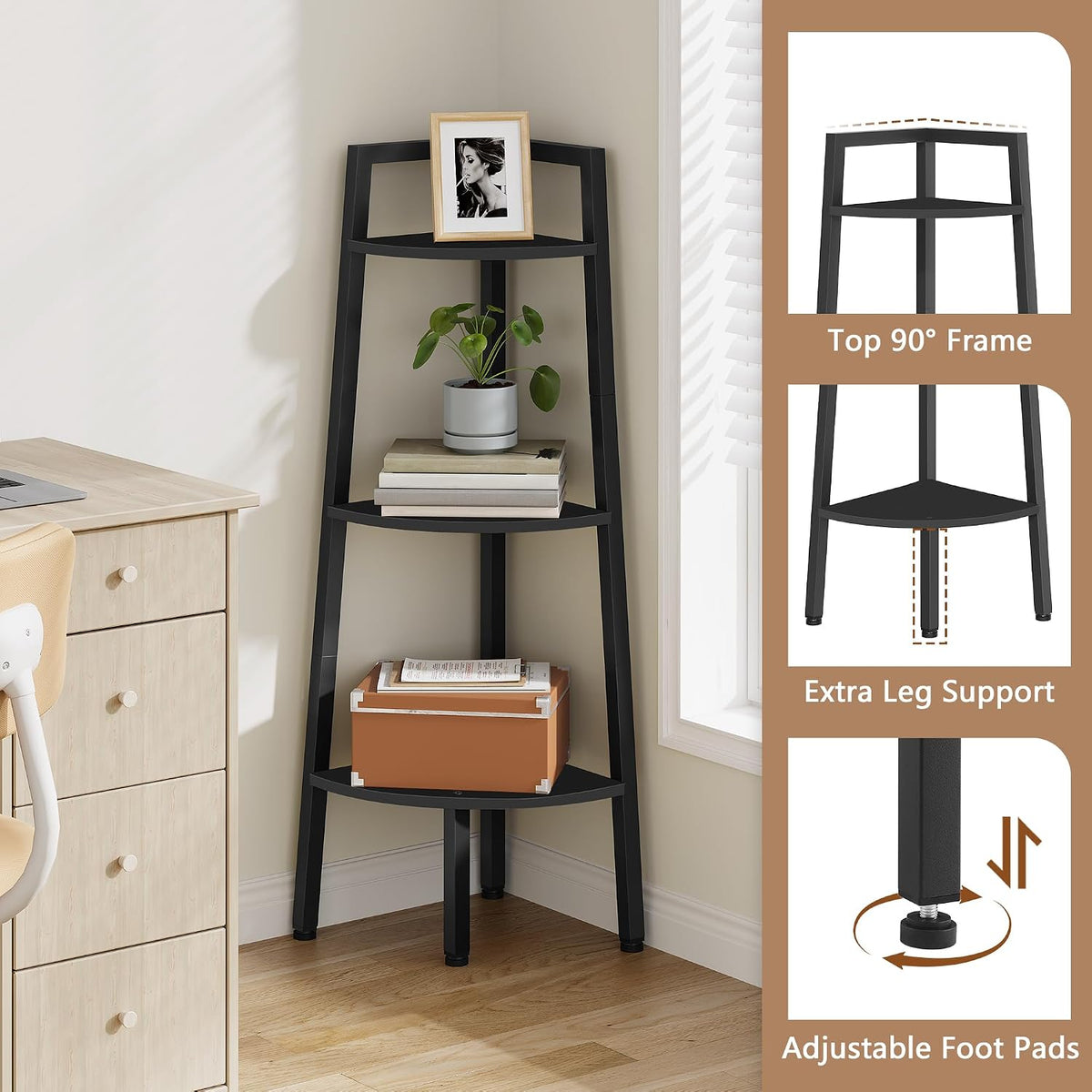 Black corner ladder shelf beside a desk showing the top 90° frame, extra leg support and an adjustable foot pad close-up