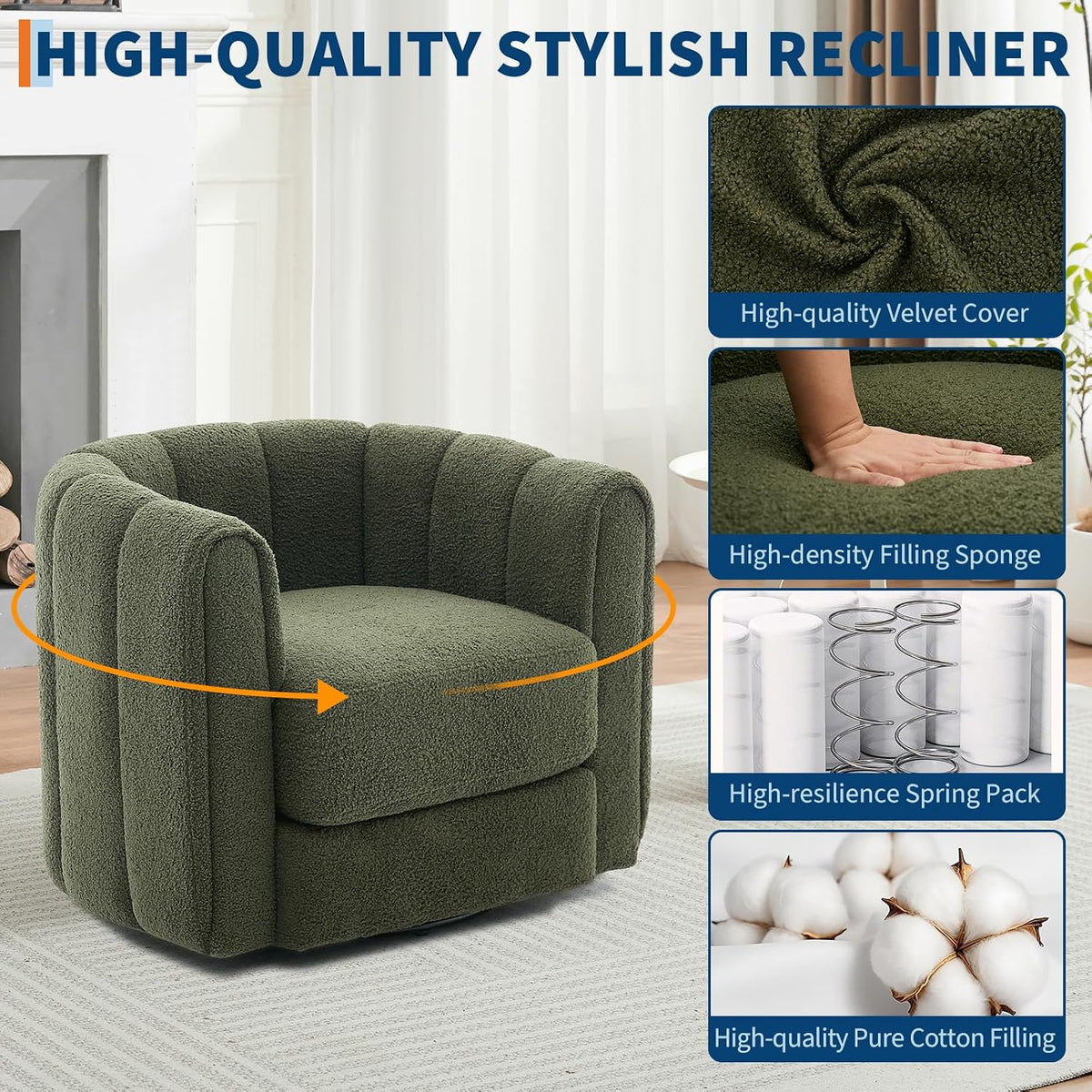 Green swivel chair close-up with callouts for velvet cover, high-density sponge and spring pack