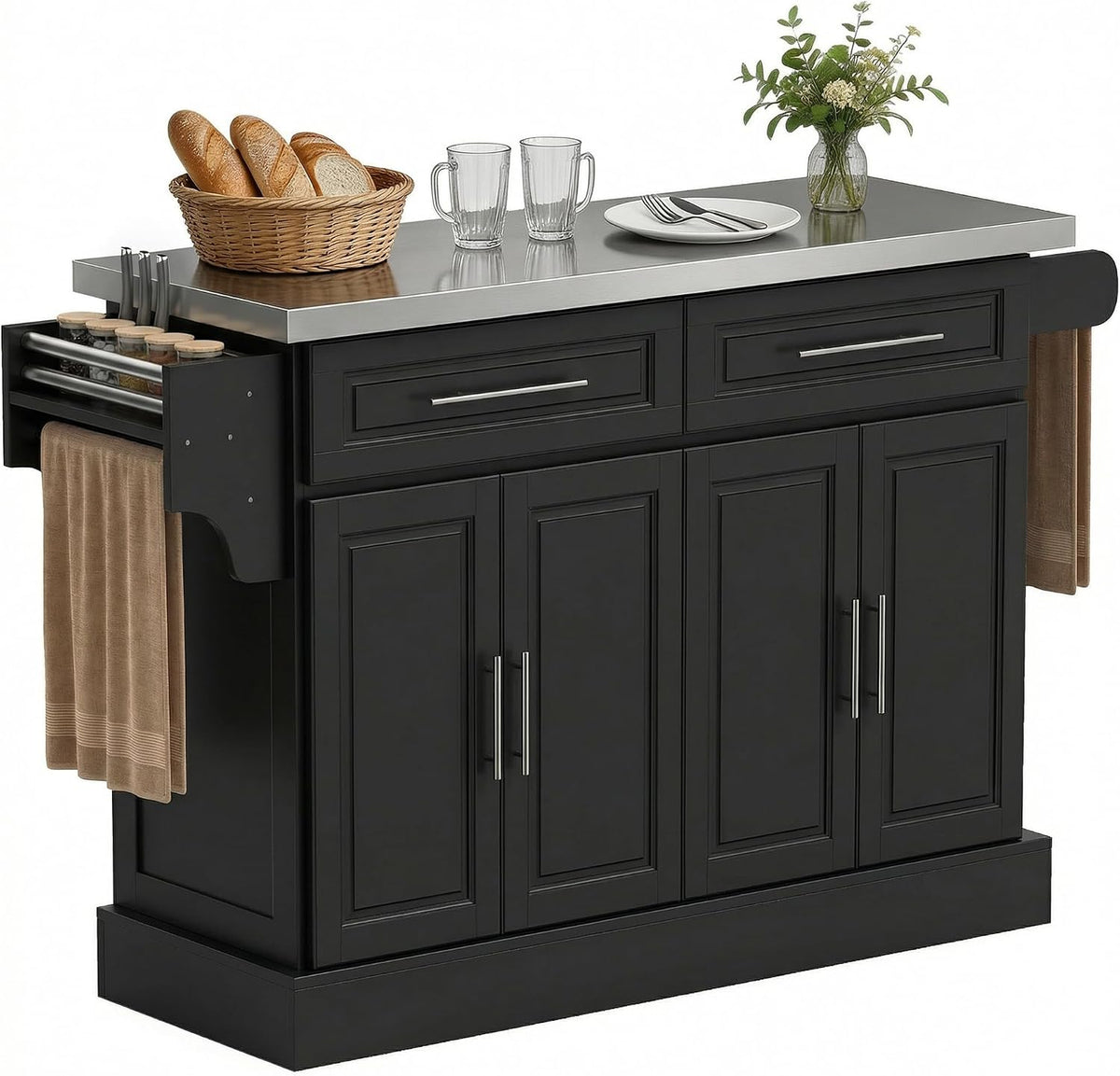 Black kitchen island cart angled front view with stainless-steel top, two drawers and towel bar on the side