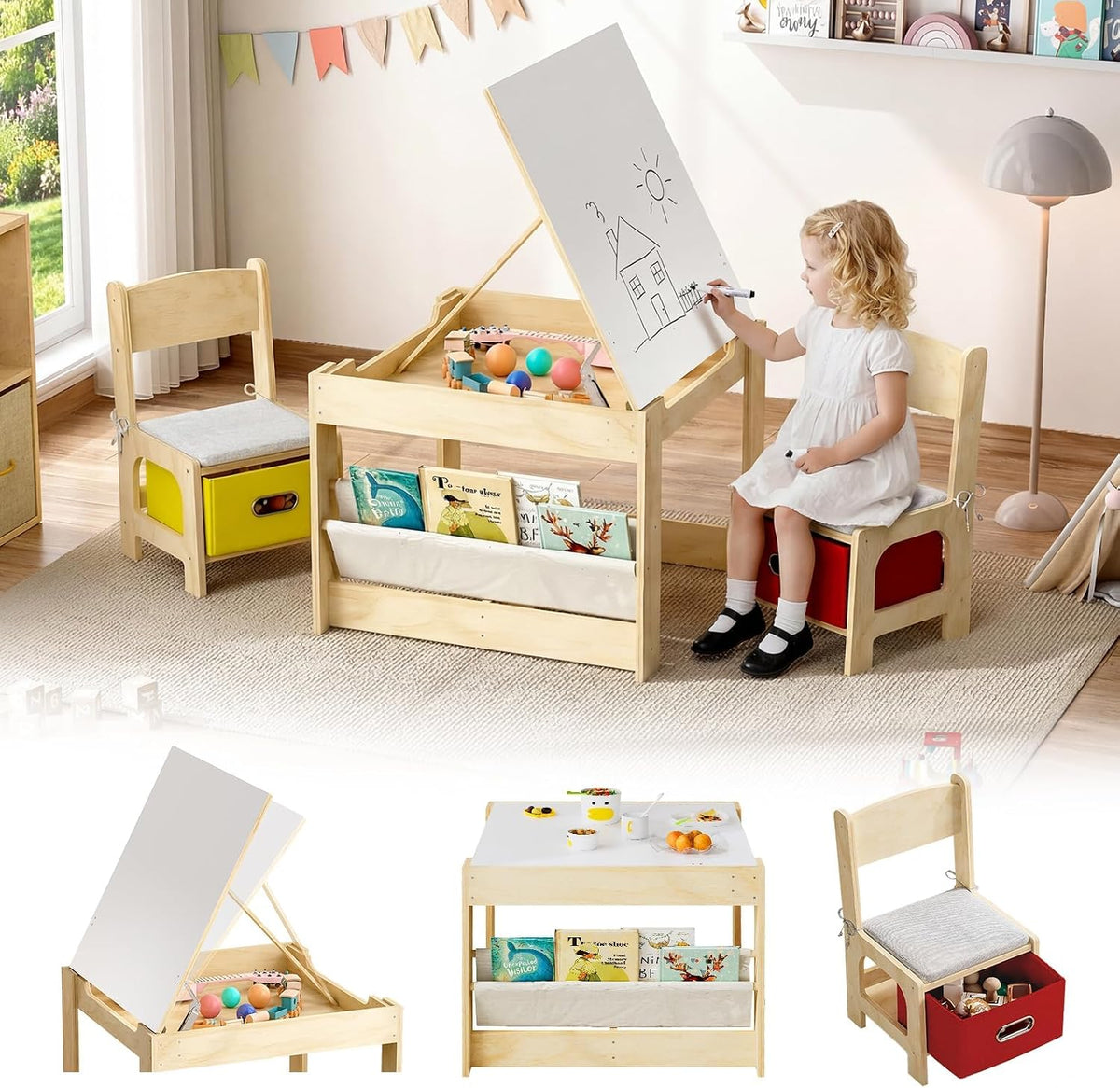 Child sitting at a wooden kids table with adjustable easel tabletop and two storage chairs in a bright playroom