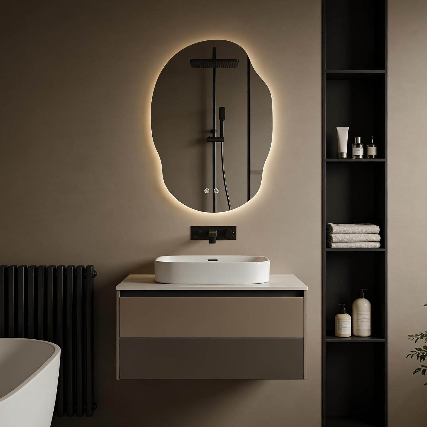 Organic LED backlit mirror mounted above a rectangular vessel sink on a floating vanity, centered front view