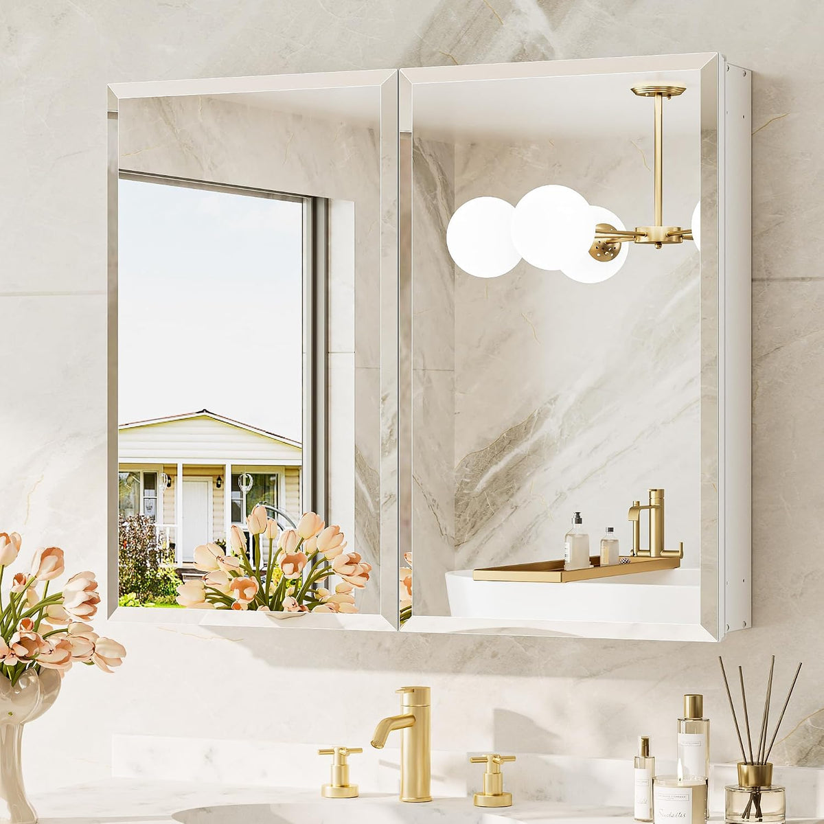 Wall-mounted mirrored medicine cabinet with two mirrored doors above a gold faucet and flowers