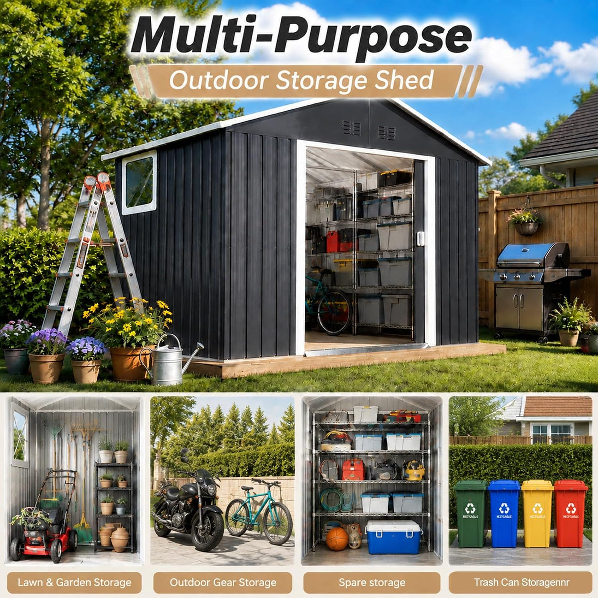 Angled exterior view of metal backyard shed with inset panels showing lawn and garden gear, bikes, and storage uses