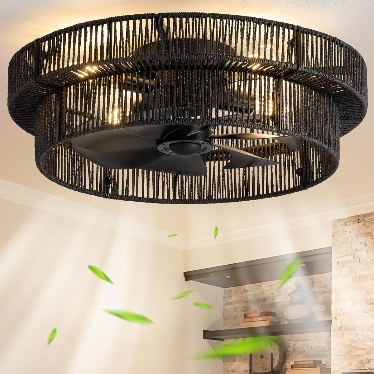 Angled view of the black rope-wrapped cage variant with matte black blades installed above floating shelves.