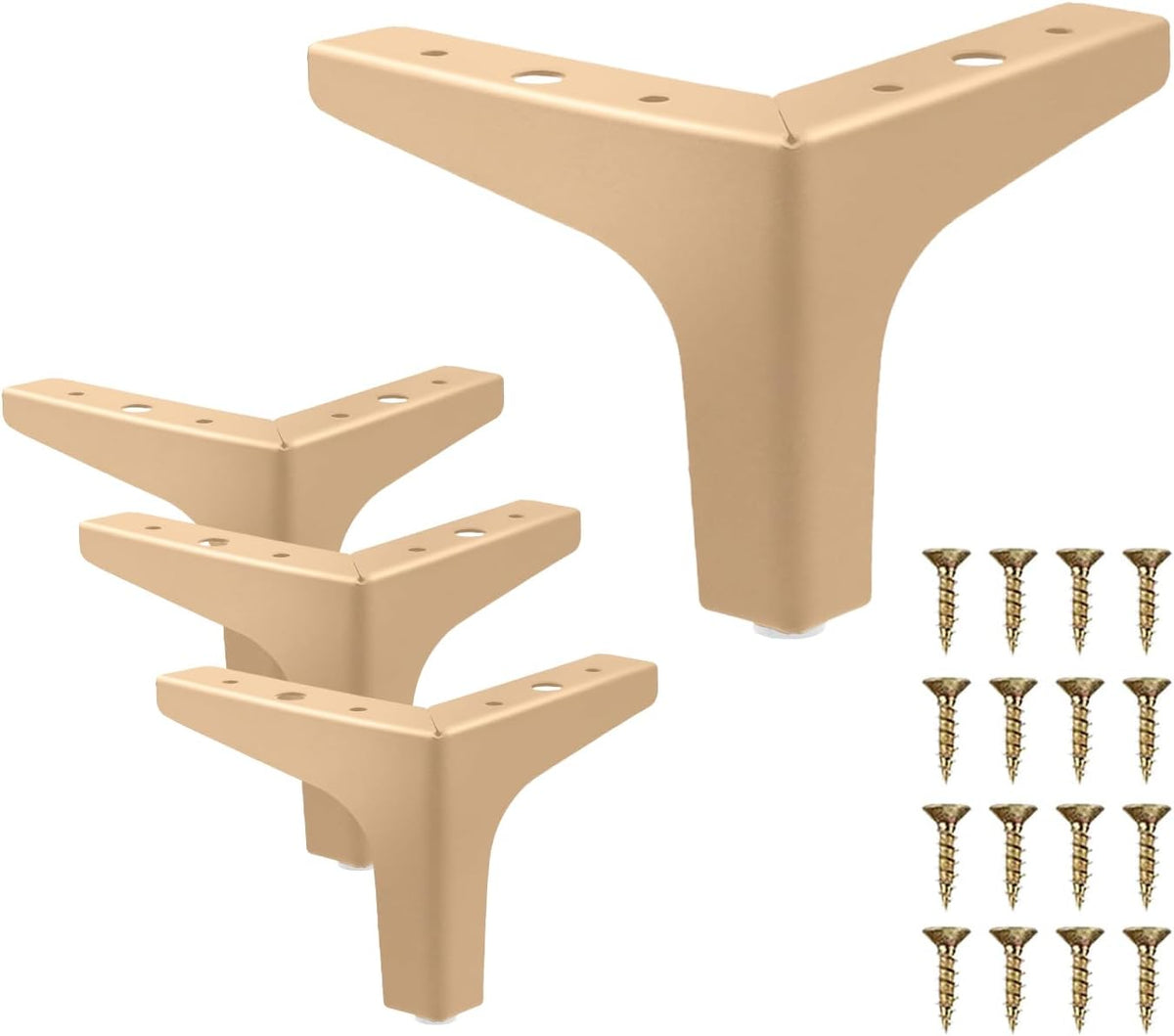 Close-up of three gold-toned V-shaped legs with visible mounting holes and a partial set of screws at right