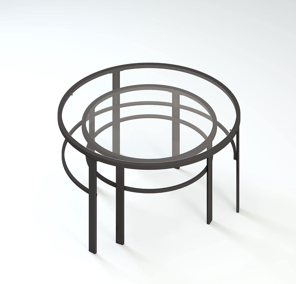 High three-quarter perspective looking down into the nested tables, showing frame geometry and leg placement.