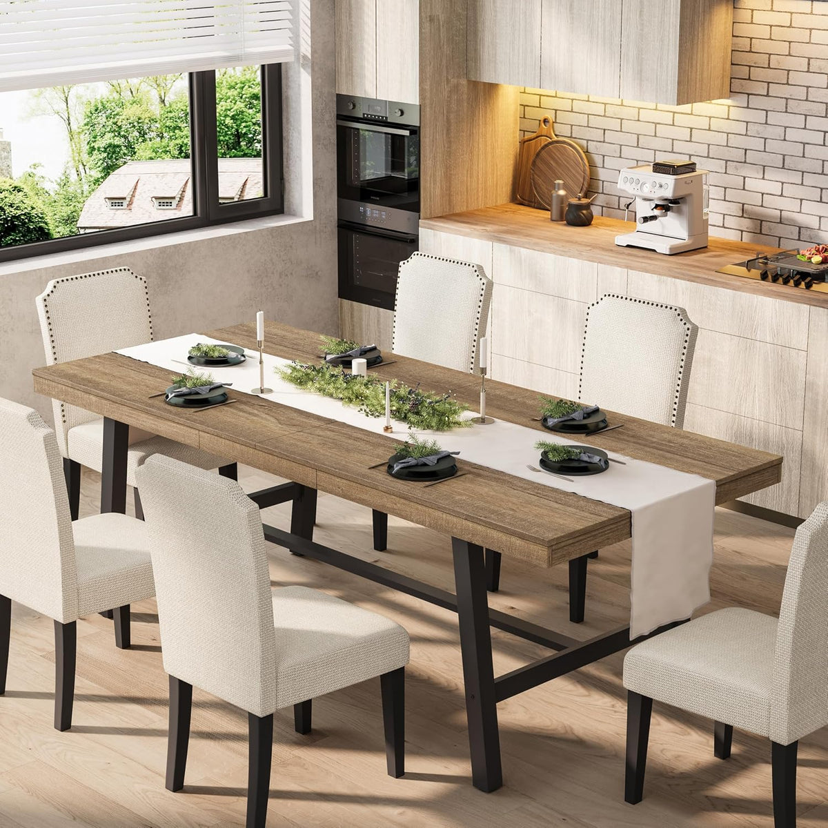 Light brown wood tabletop with black metal trestle base in a dining setting with upholstered chairs.