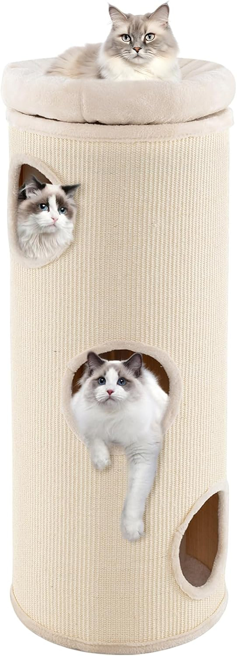 Beige 4-tier barrel cat tower front view showing three circular hideaway openings and plush top perch with cat