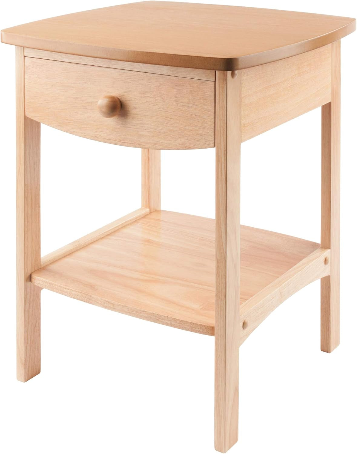 Light natural wood finish end table shown at a three-quarter angle on a white background.