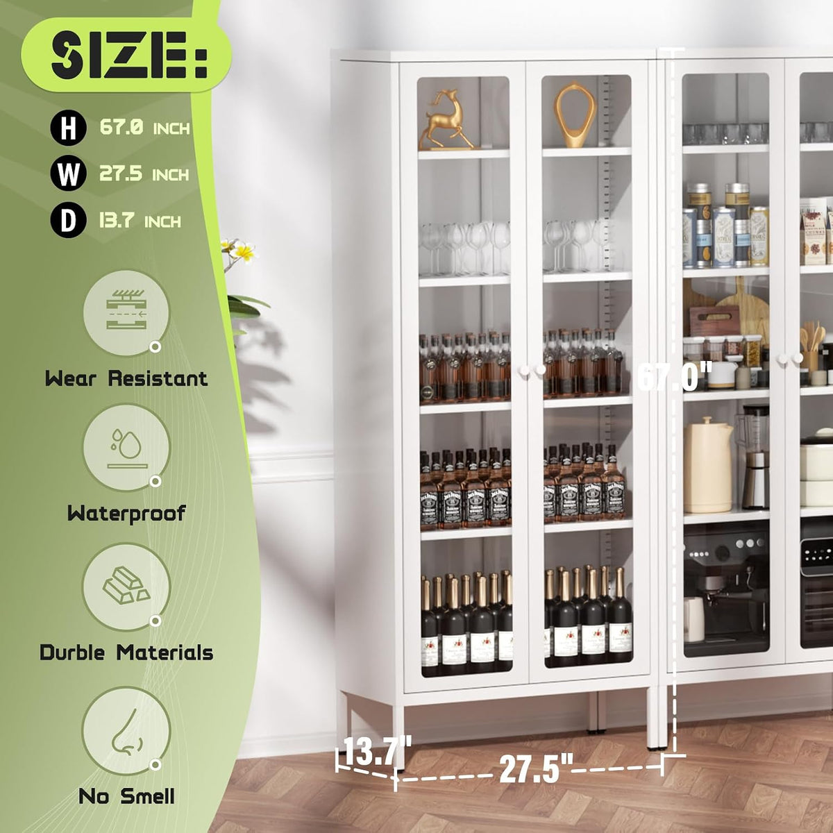 Graphic showing cabinet dimensions with dashed lines and measurements for height, width and depth beside a staged cabinet.