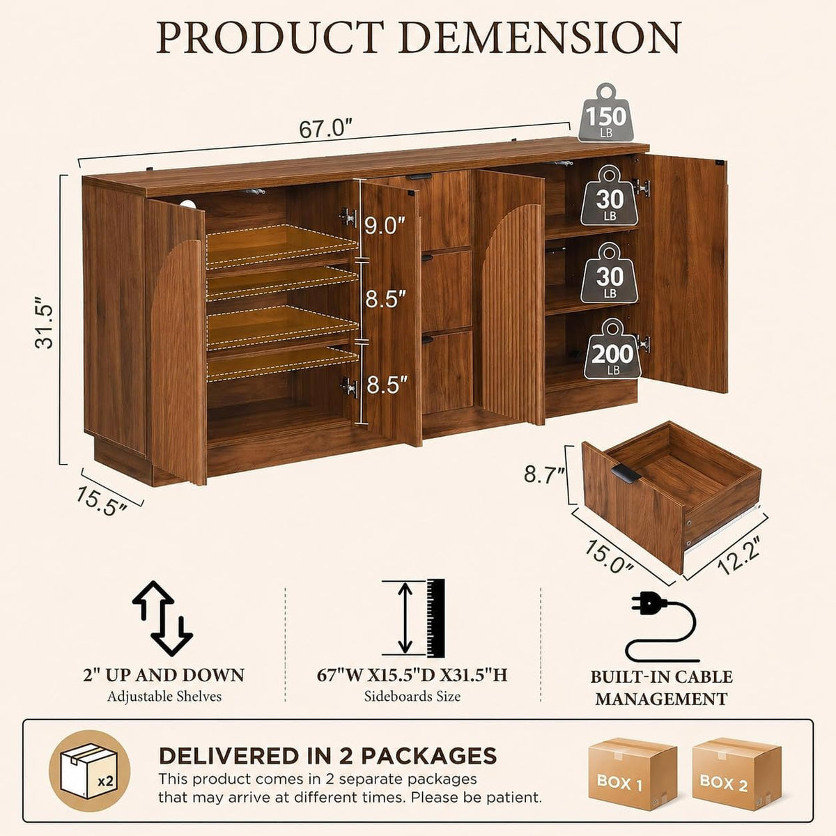Diagram showing 67-inch sideboard dimensions, interior shelves, drawer measurements and capacities