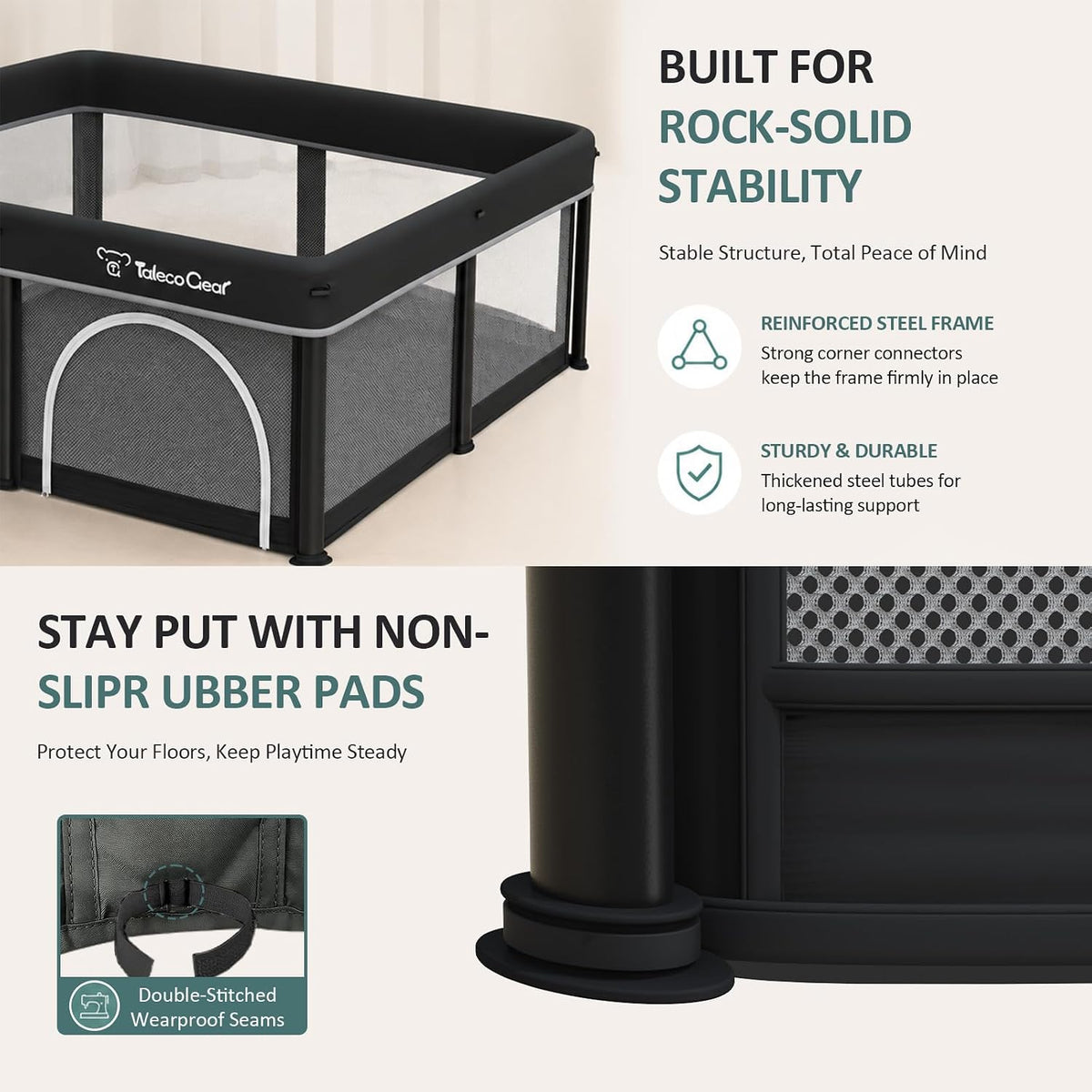 Close view of a playpen corner showing mesh side, rounded black leg and stacked non-slip pads