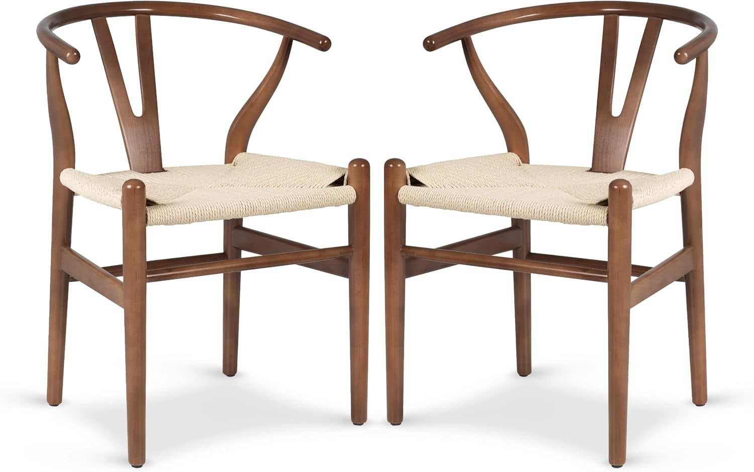Pair of mid-century wishbone chairs with curved backs and woven seats in medium brown wood finish.