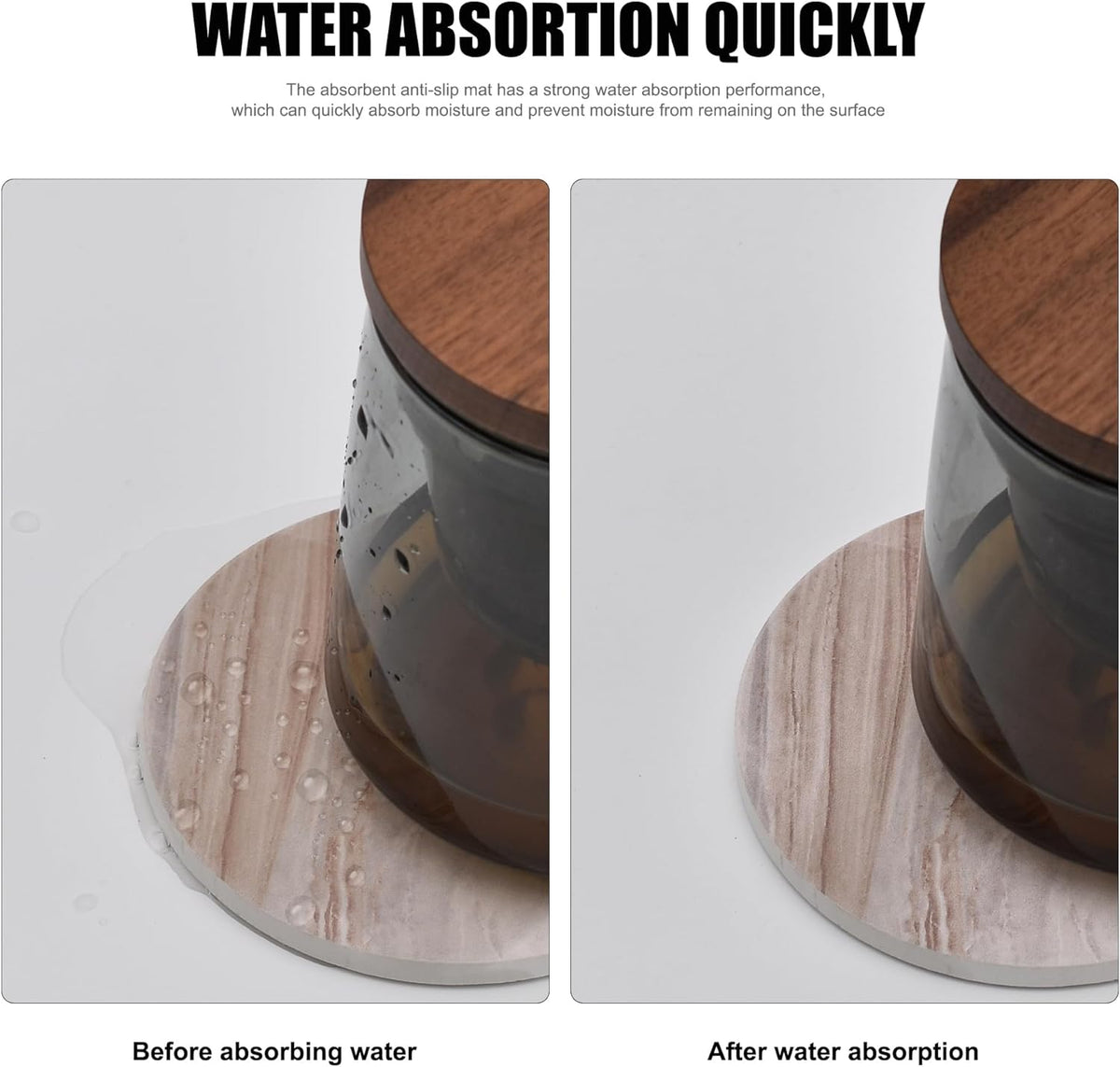 Side-by-side comparison showing spilled water on a marble-pattern coaster before and after the coaster absorbs moisture