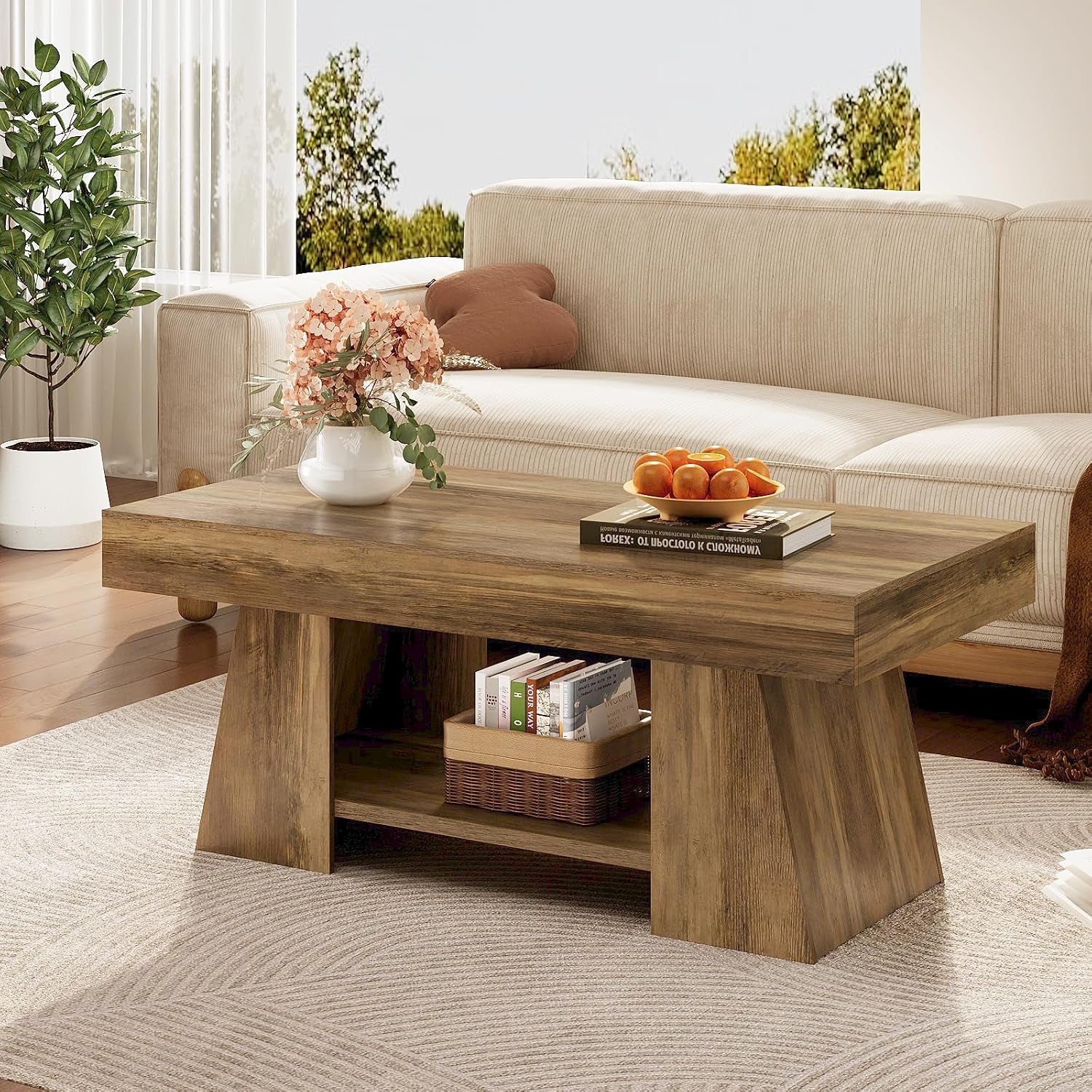Living room scene with rectangular coffee table in retro brown shown front-left with basket on lower shelf