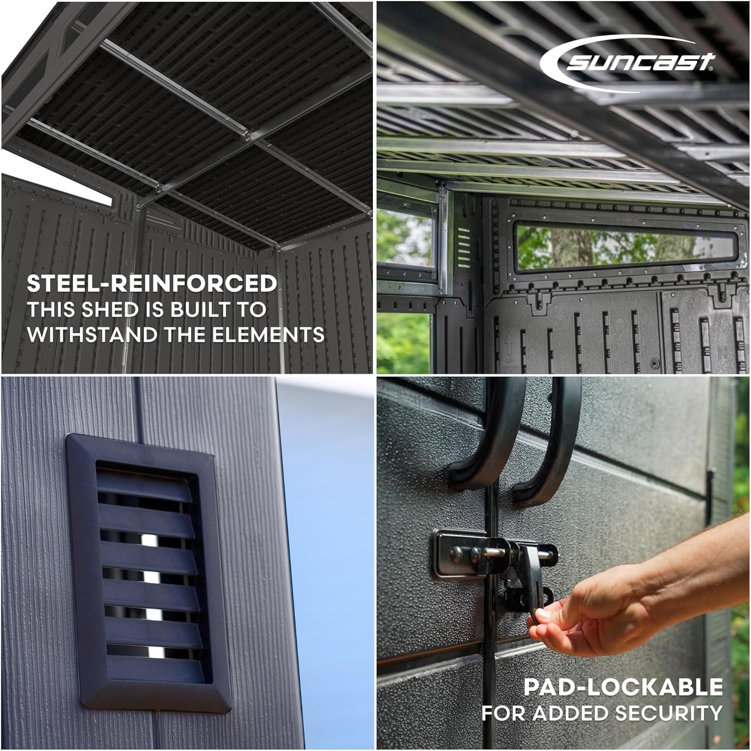 Four-image collage showing steel-reinforced interior roof beams, interior window, exterior vent and pad-lockable door handle