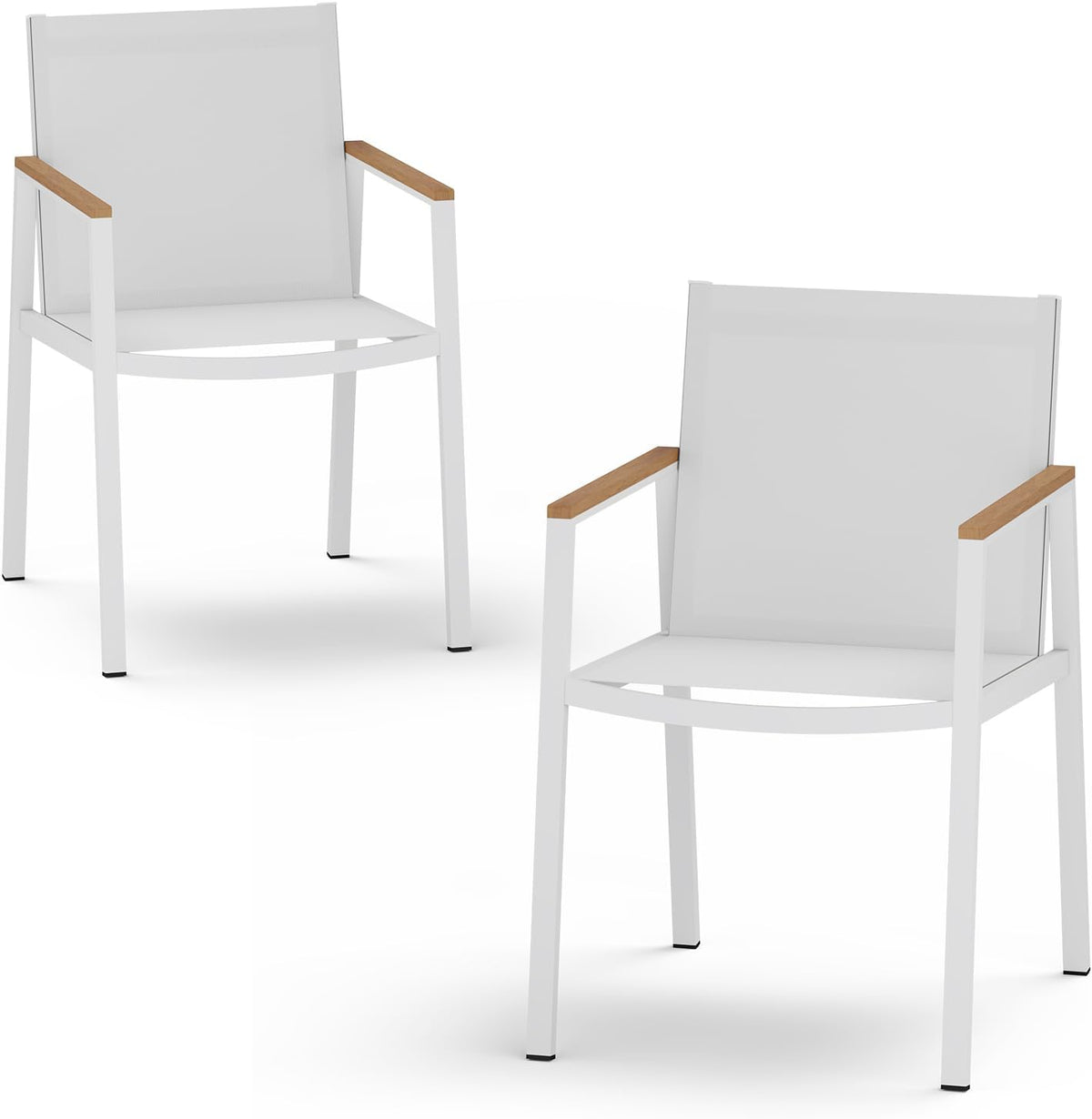 Two white-frame outdoor chairs with light wood arm caps shown against a white background.