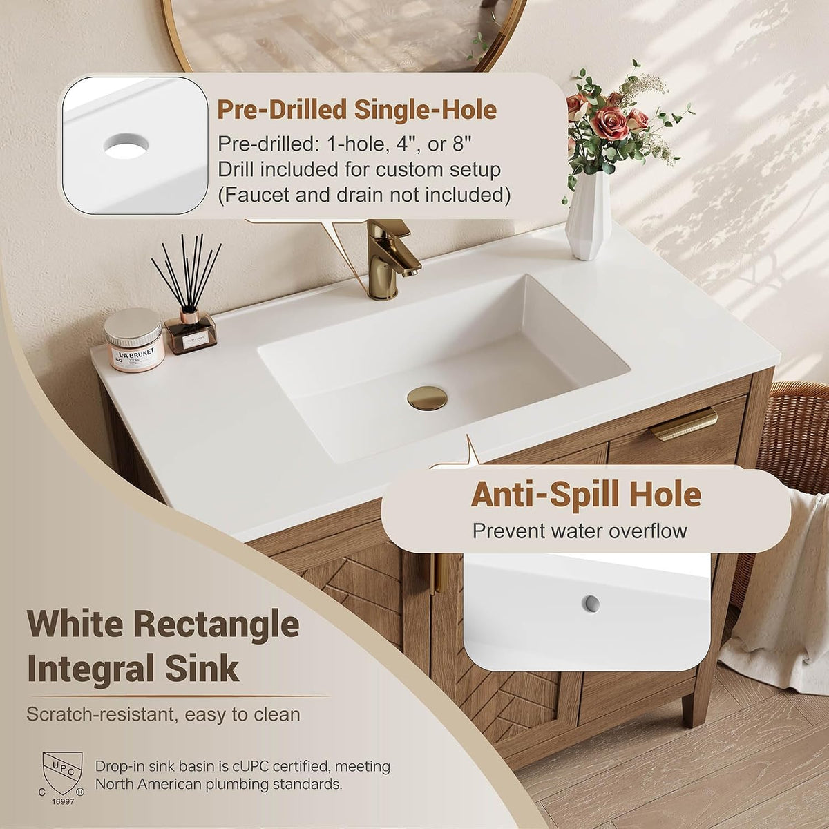 Top-down view of white rectangular integral sink showing pre-drilled single faucet hole and overflow/anti-spill hole