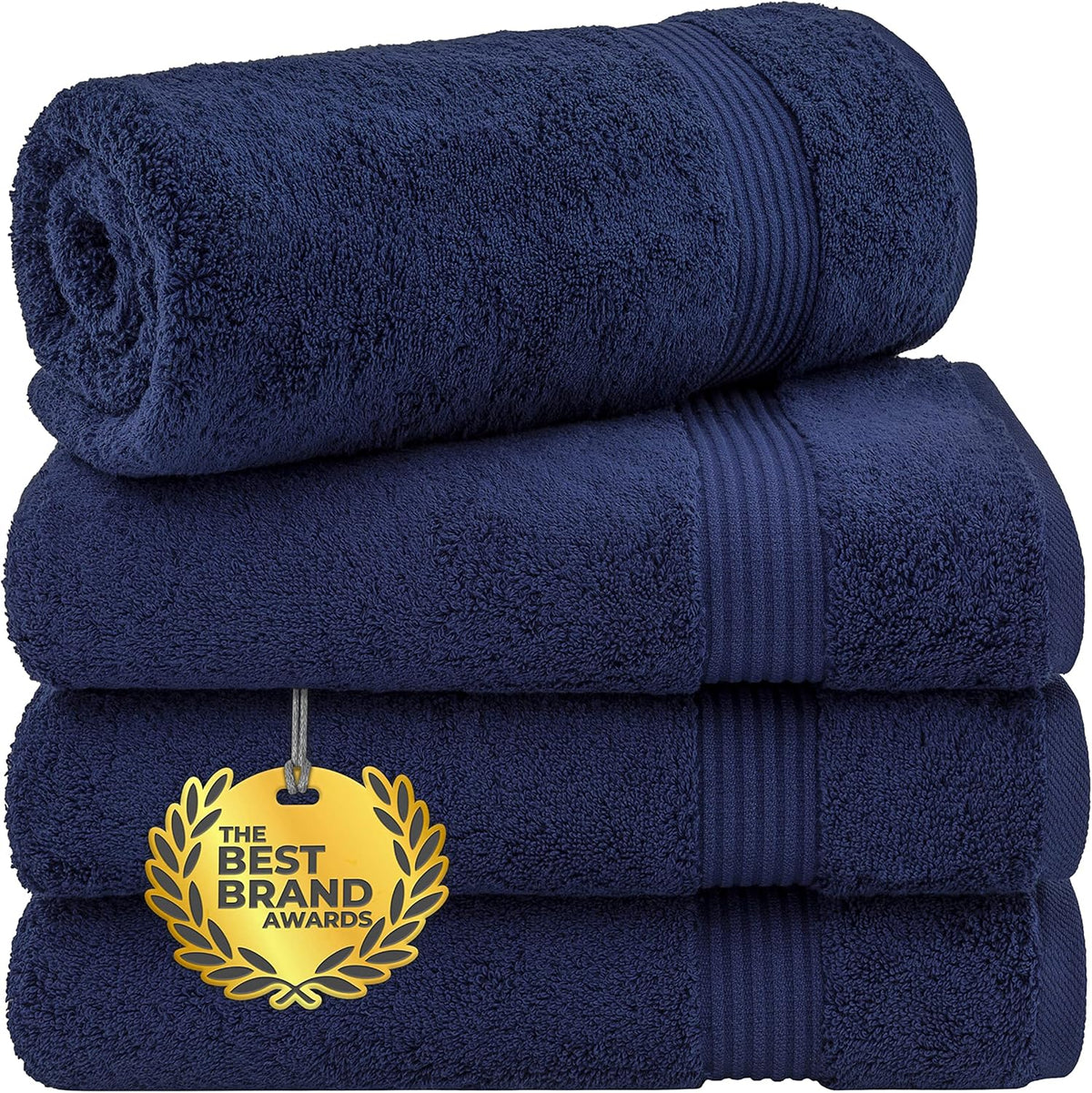 Three navy blue towels stacked with one rolled towel on top and a gold award medallion graphic.