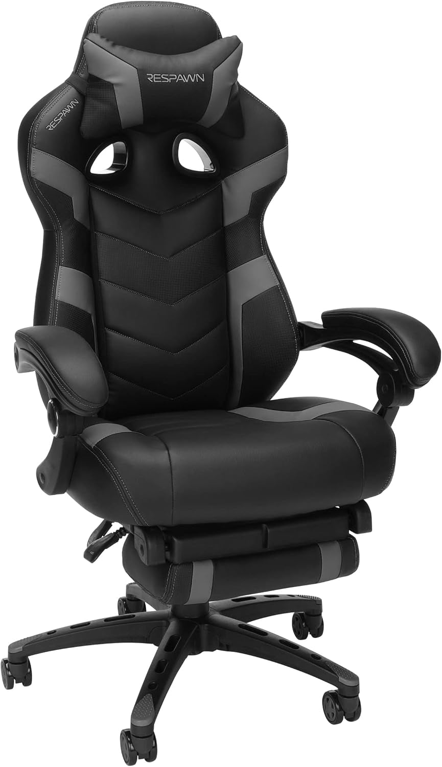 Black and gray gaming chair angled slightly to show seat, armrests and extended footrest from front three-quarter view.
