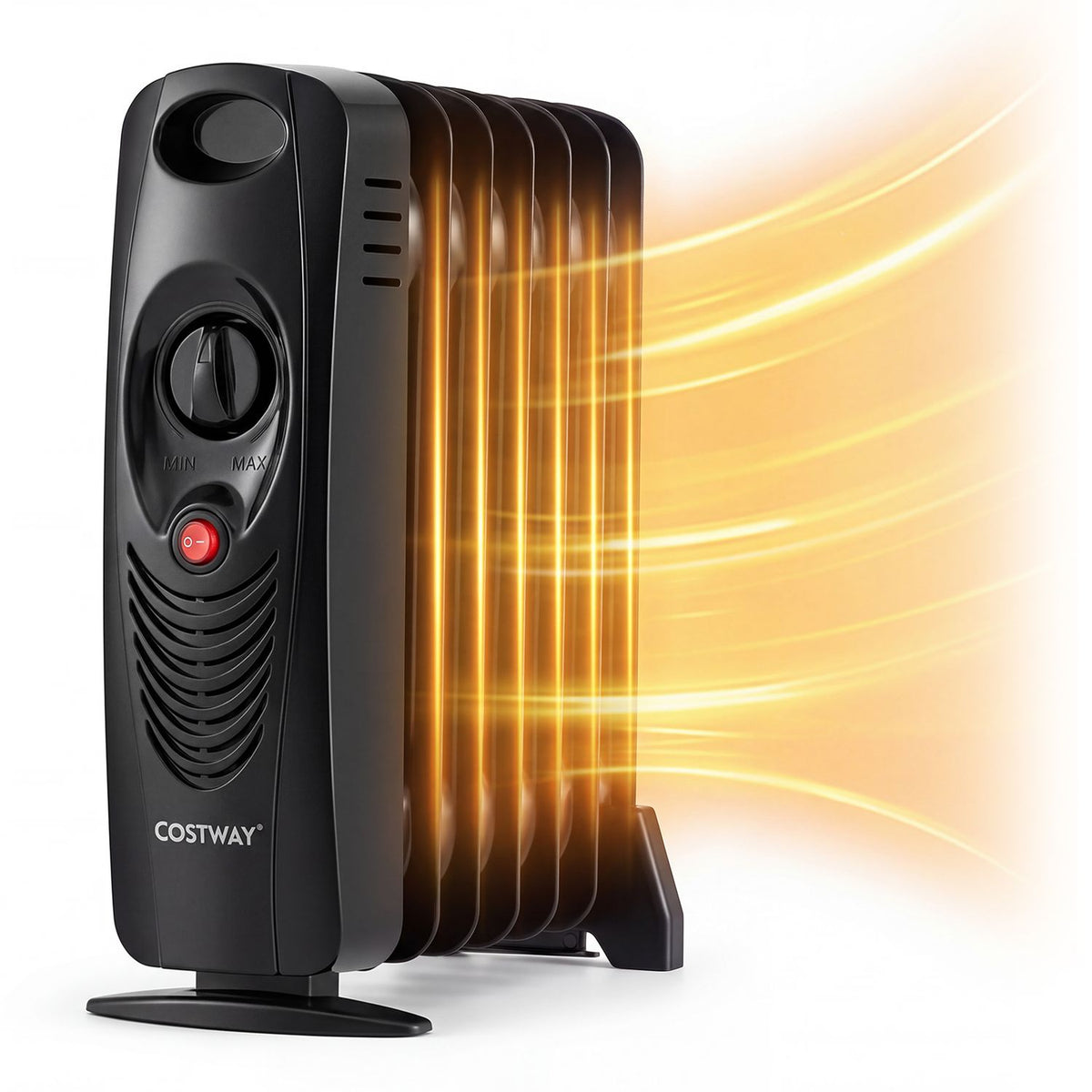 Close-up front three-quarter view of a black oil-filled radiator heater