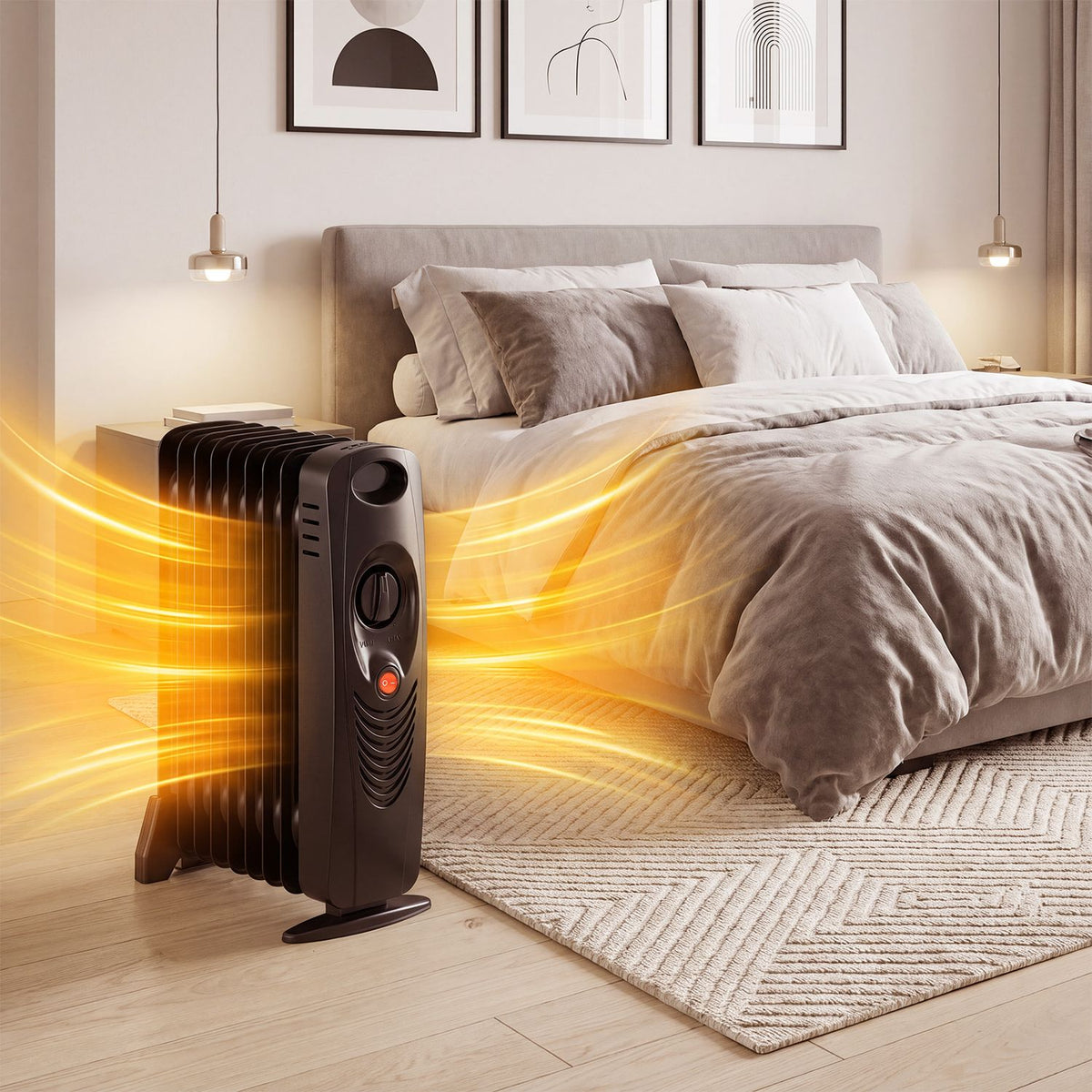 Black oil-filled radiator heater beside a bed in a softly lit bedroom