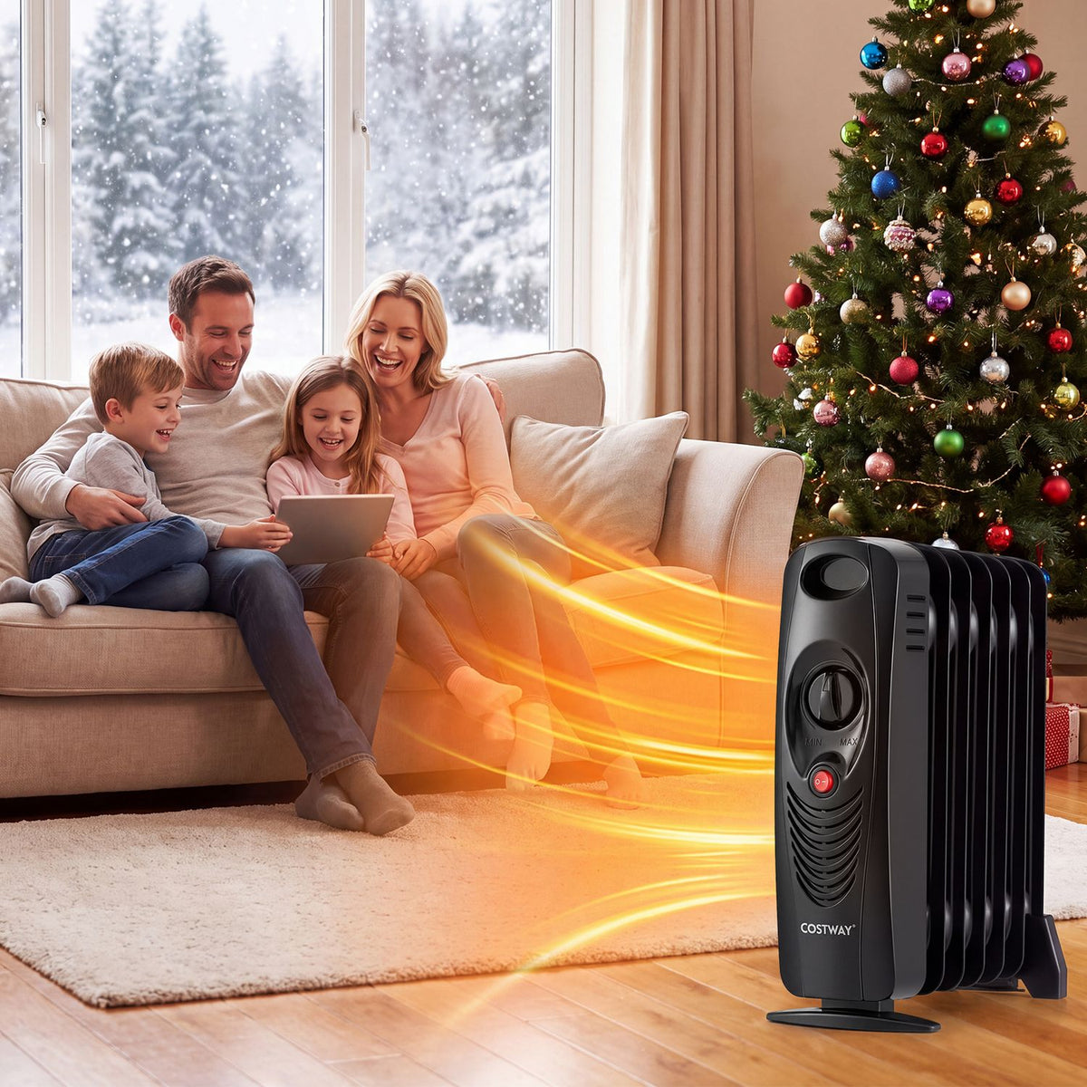 Black radiator heater beside a family on a sofa in a winter living room